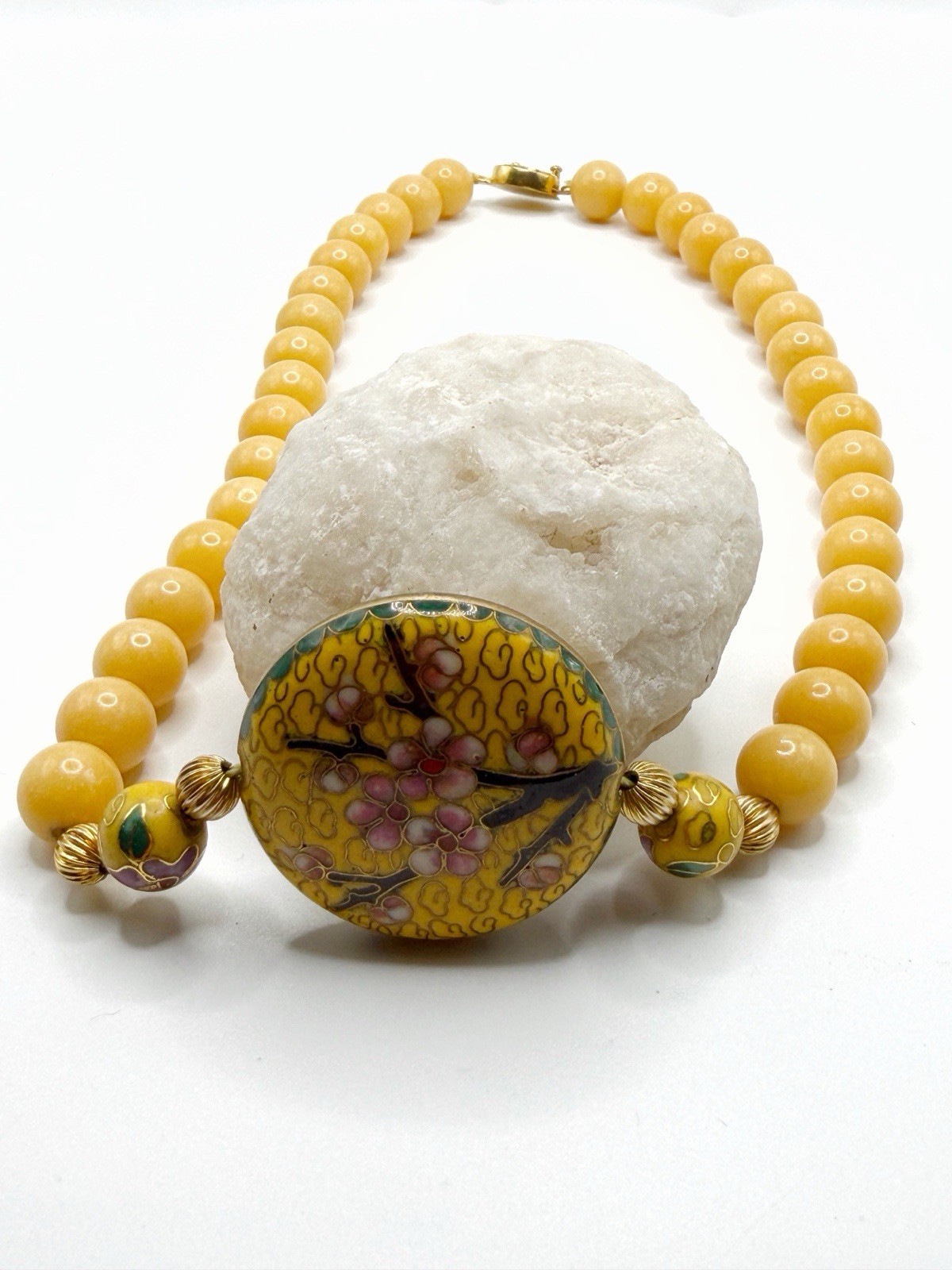 Yellow Jade Jadeite Beaded Necklace With Yellow Cloisonne Pendant 17”