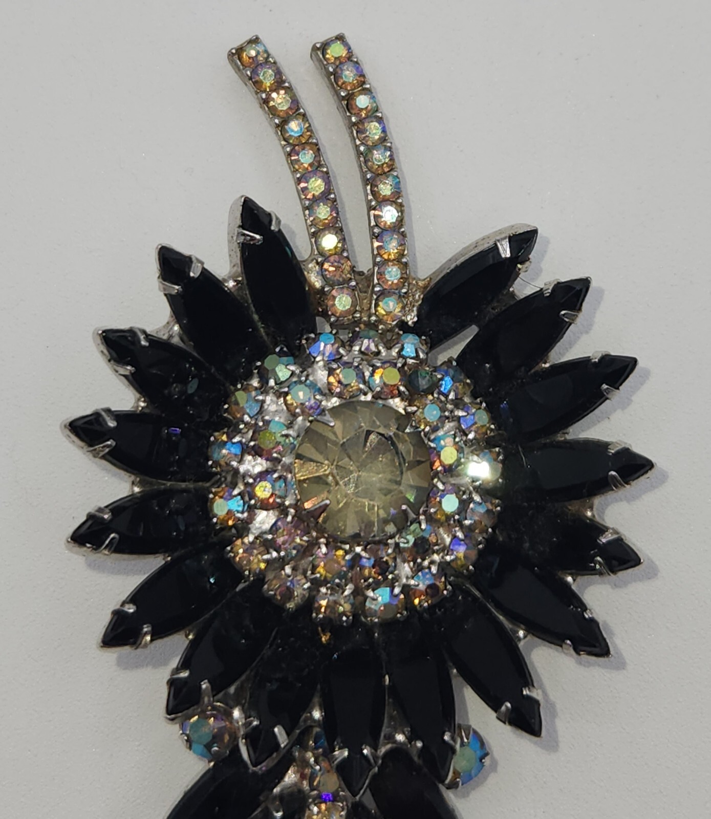 Vintage Delizza And Elster Juliana Sunburst Brooch Jet, Gray And AB Rhinestones