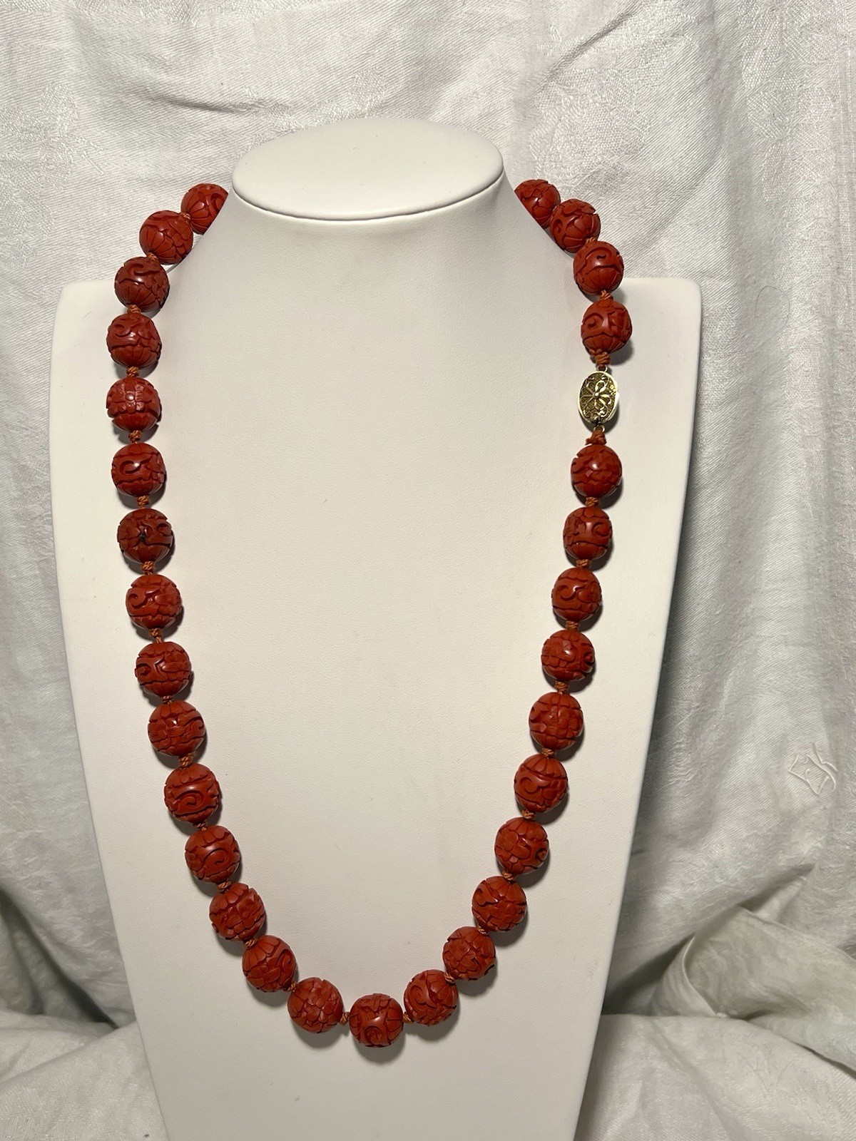 Vtg. 26” Chinese Carved Cinnabar Lacquer 1/2”Bead Necklace Silver Filigree Clasp