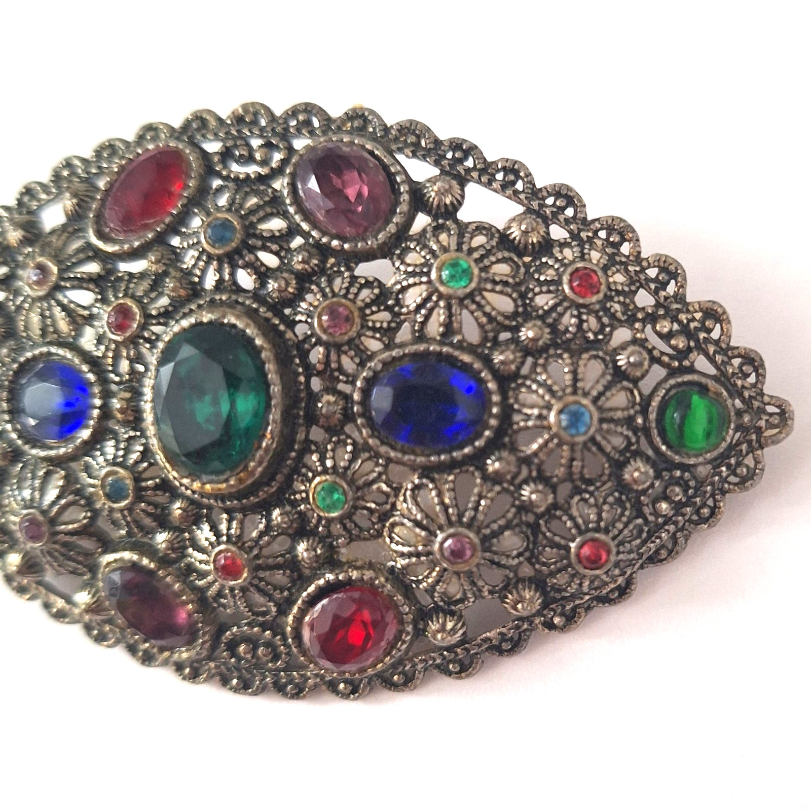New England Glass Works Brooch Silver Tone Floral Filigree Czech Rhinestones VTG