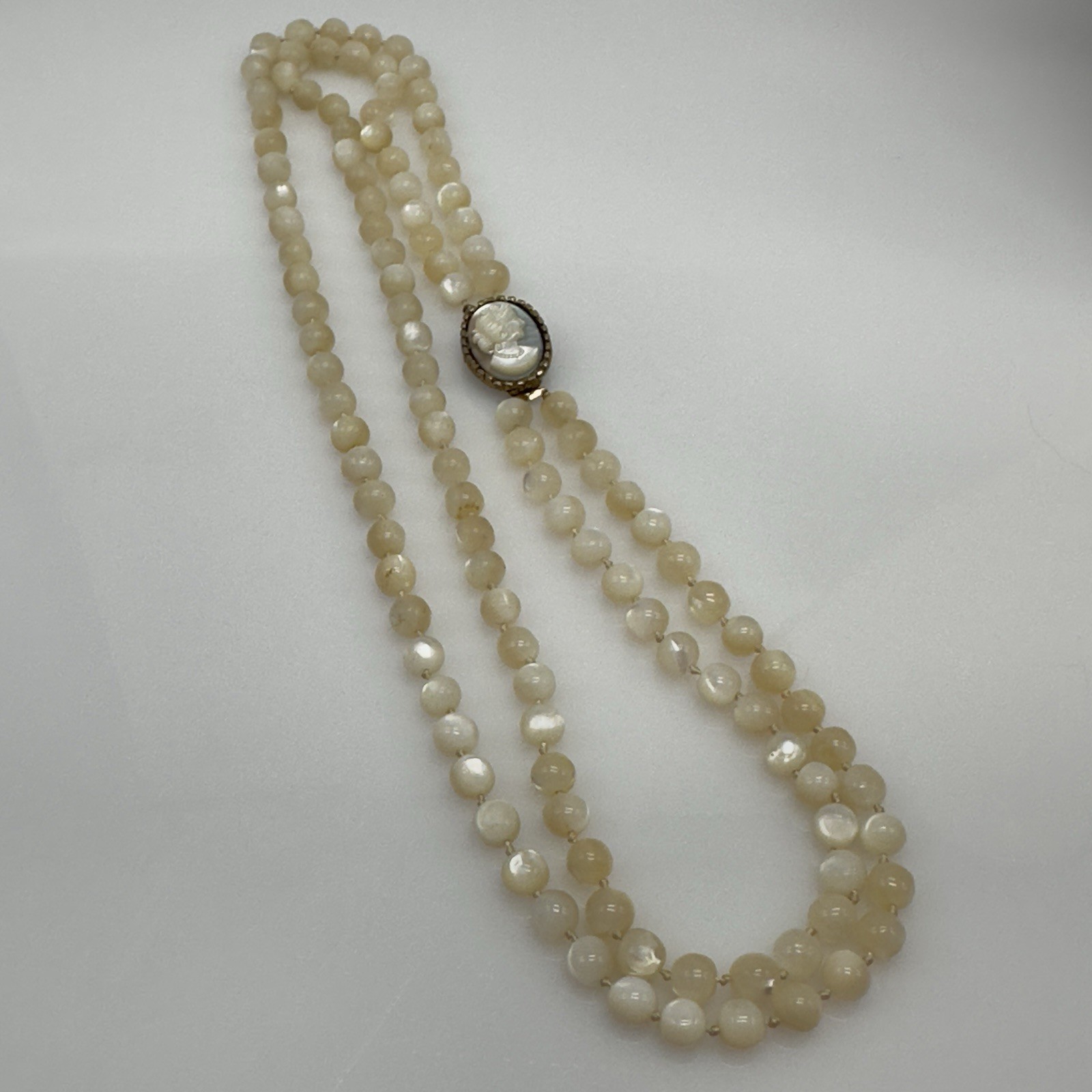 Vintage Mother of Pearl Cameo Clasp MOP Beaded Necklace Double Strand 8mm
