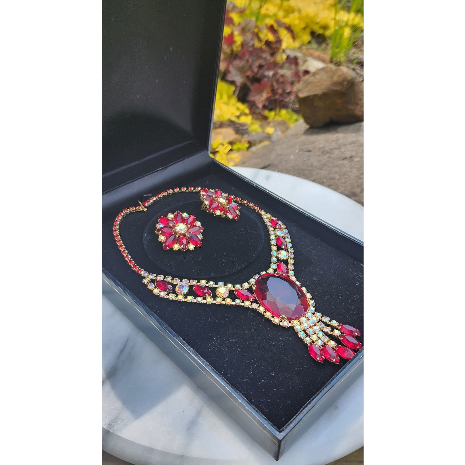 Rare Juliana DeLizza And Elster Red Rhinestone Necklace and Earrings Set