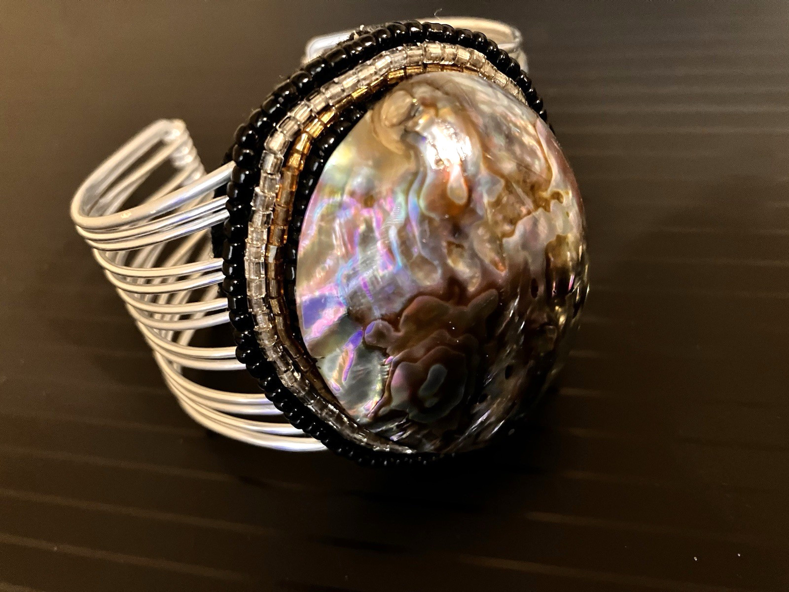 Vintage Showy Large Abalone Shell & Seed Beads Clamper Cuff Bracelet