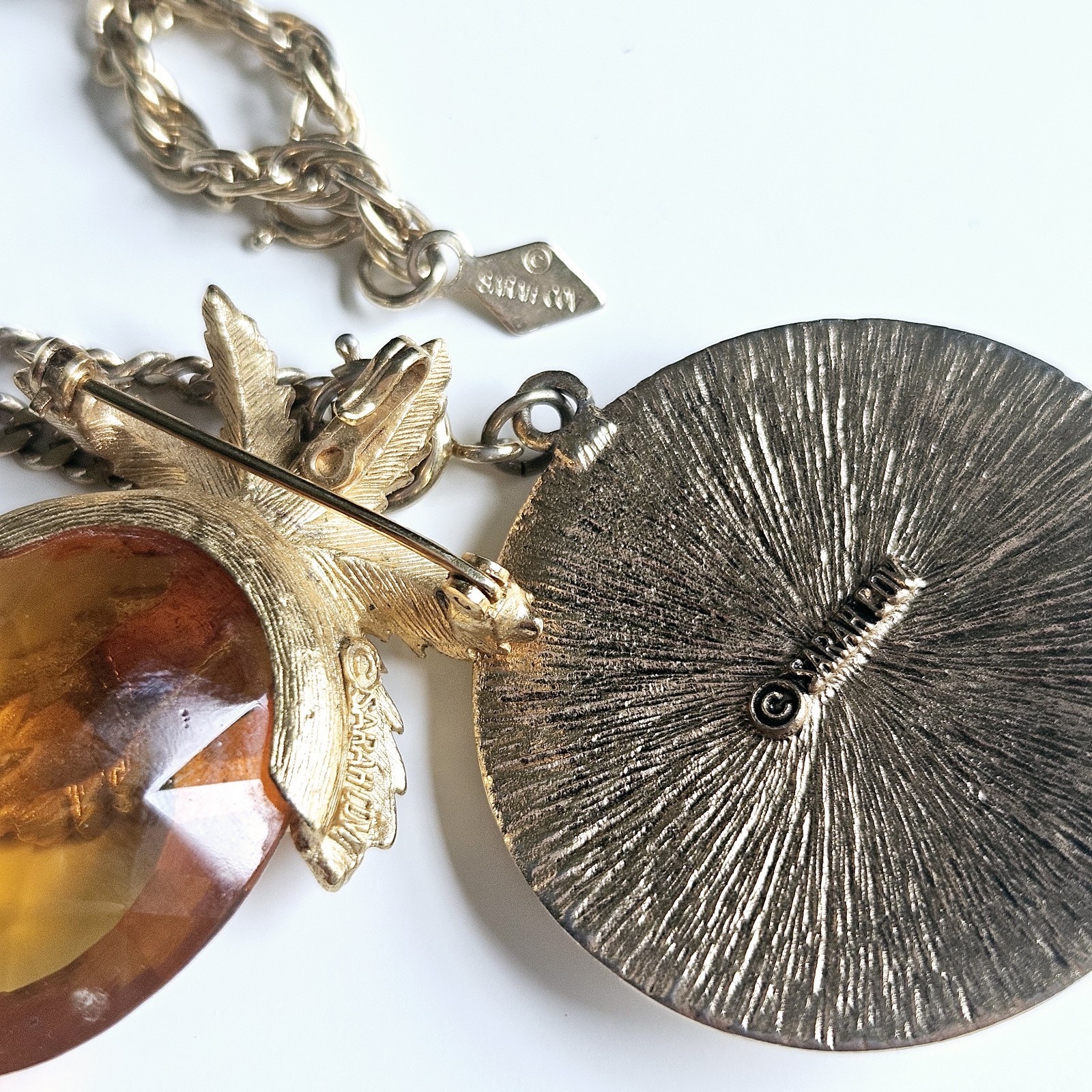 Vntg Coventry 3 Necklaces Safari Faceted Glass Brooch Pendant Brown Gold Chain