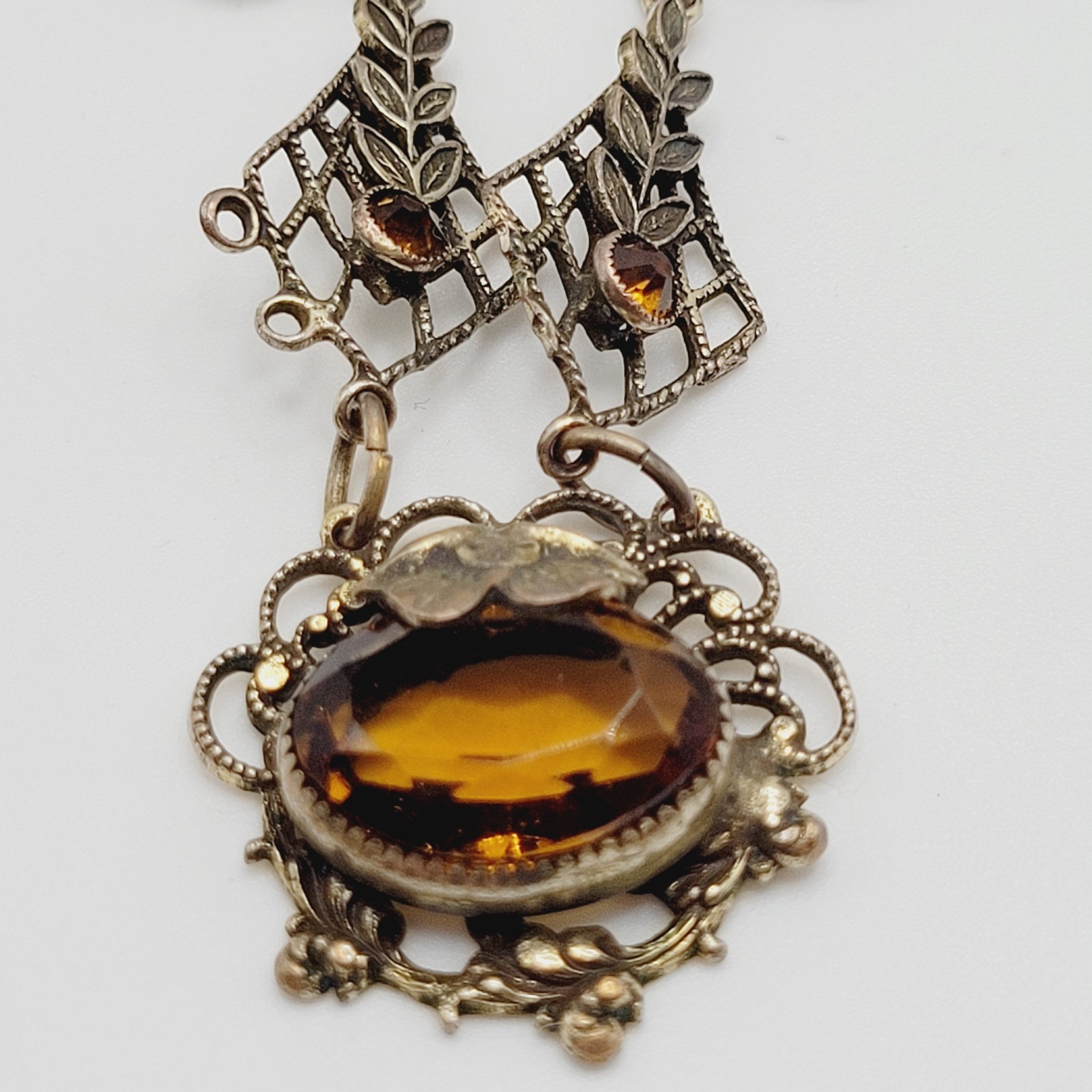Czech Glass Art Nouveau Deco Flower Motif Brass Festoon Bib Amber Citrine 15 In
