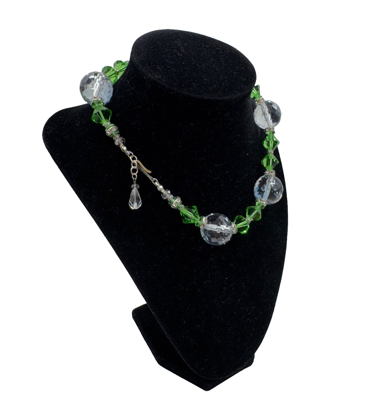 LRG MOONSTONE CLR FACETED CRYSTAL BEADS VIVID GREEN BI CONE ROUNDEL SPC NECKLACE