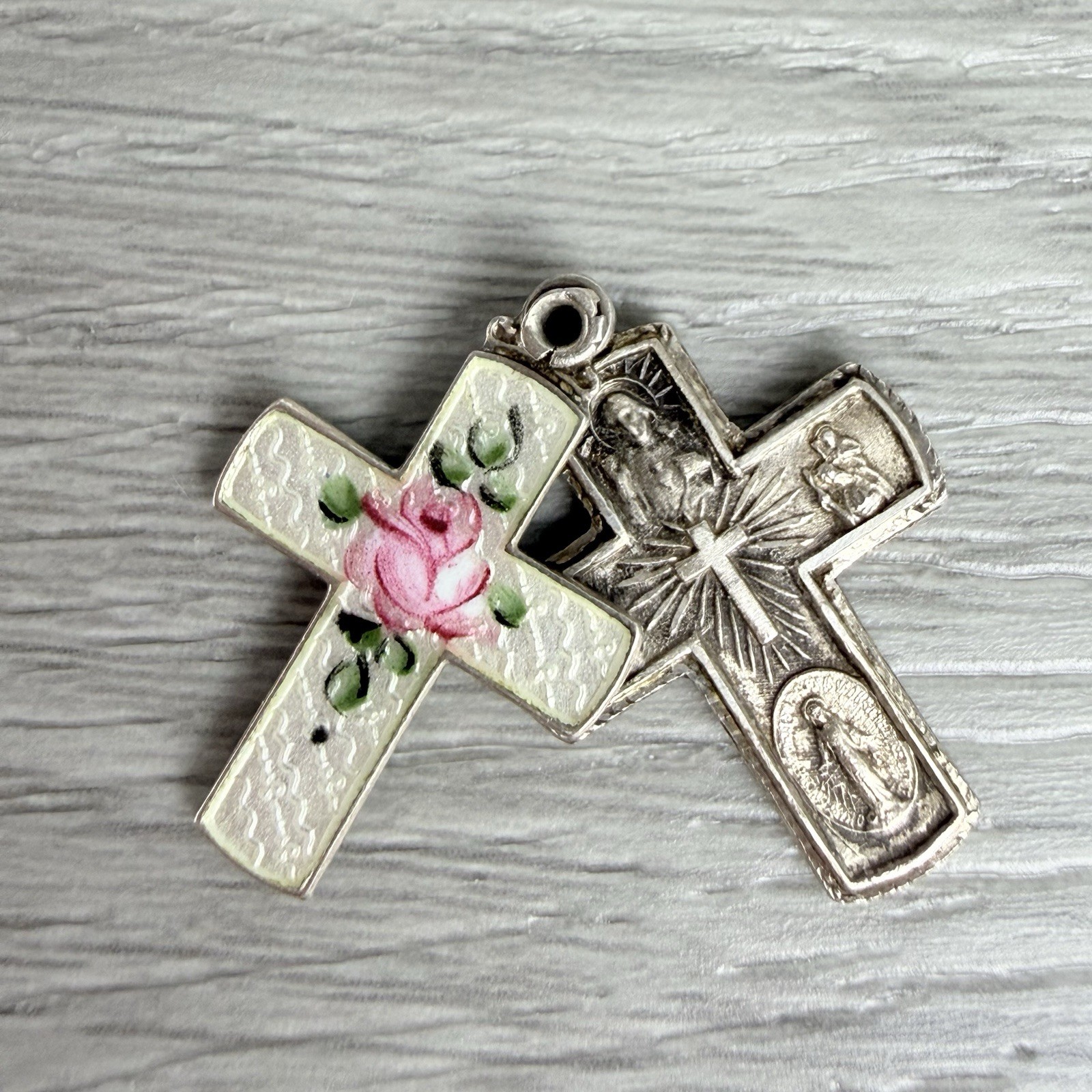Vintage Possibly Antique Silver Guilloche Slider Rose Cross Necklace Pendant