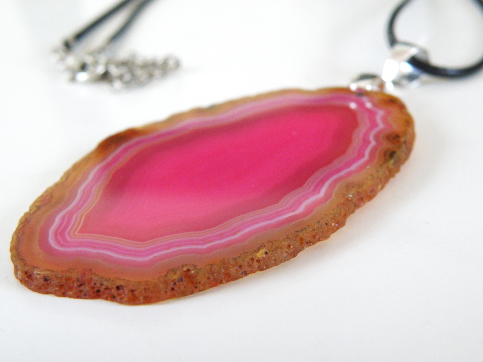 Huge Sterling Silver 925 Pink Geode Crystal Slab Vintage Pendant Necklace