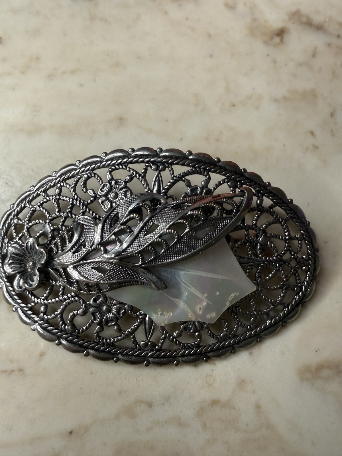 Vintage Filigree Silver-tone Mother of Pearl Leaf Brooch From Western Germany