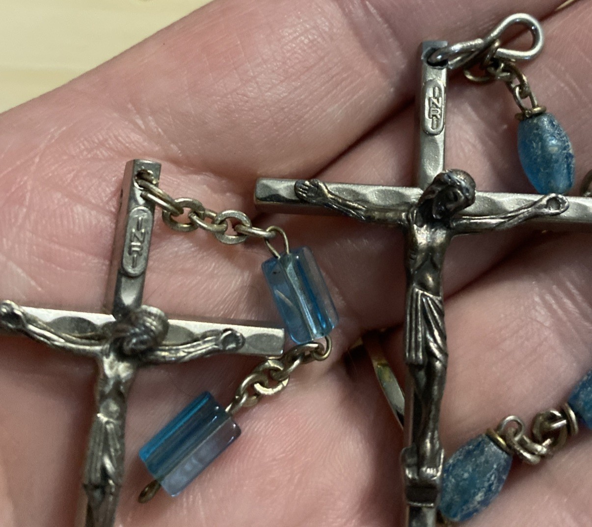 Vintage Italian Crucifix Rosary Pendants, INRI, Blue Glass Beads, Marked Italy