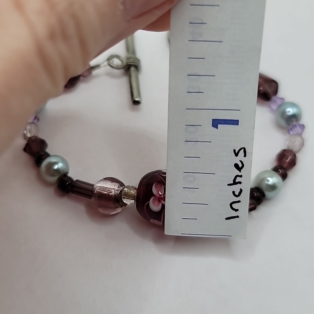 Vtg Floral Red Glass Pink Purple Beaded 6.25″ Bracelet Toggle Clasp