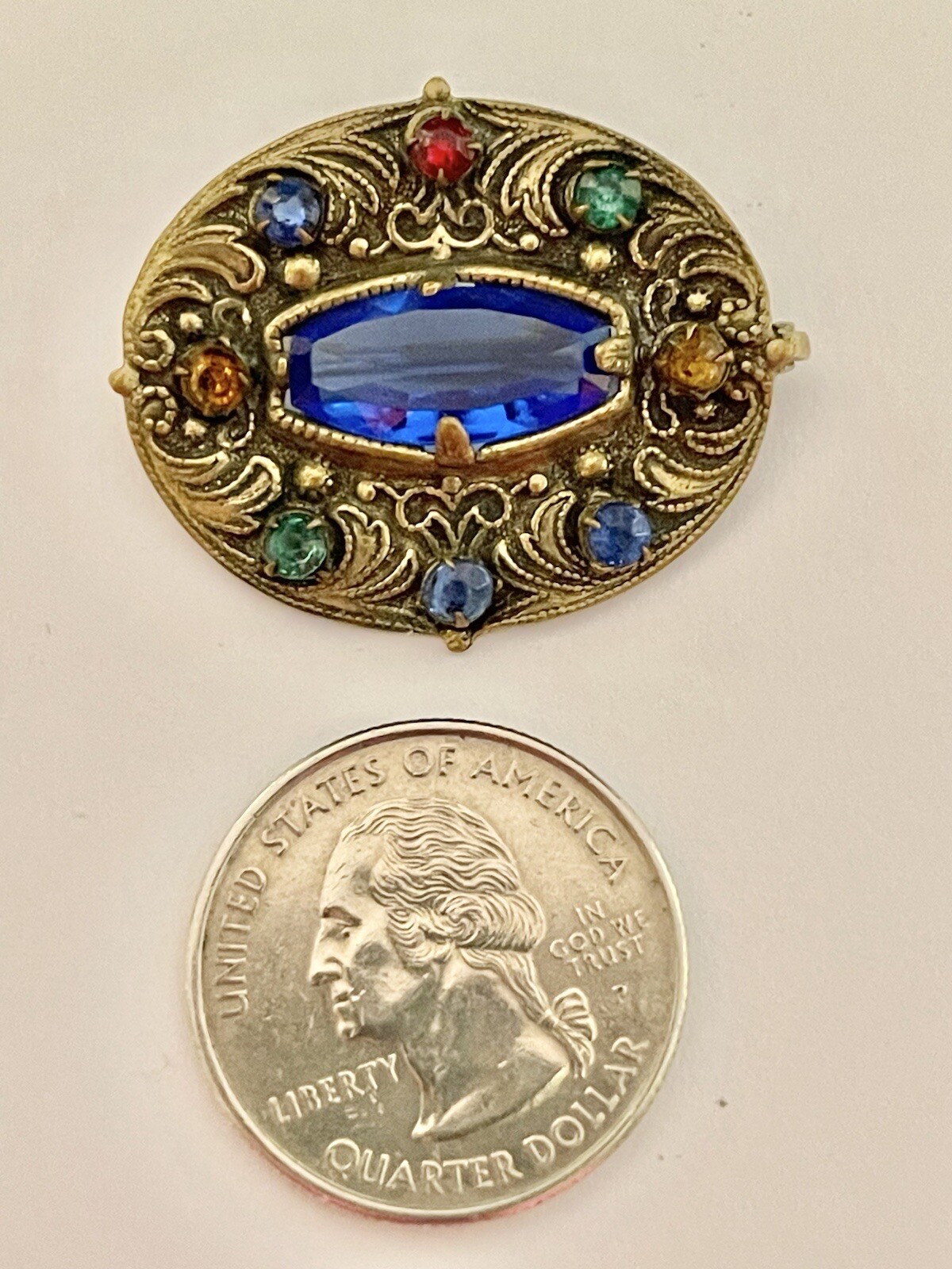 Art Nouveau Blue Lozenge Fruit Salad Czech Glass Goldtone Filigree￼ Brooch