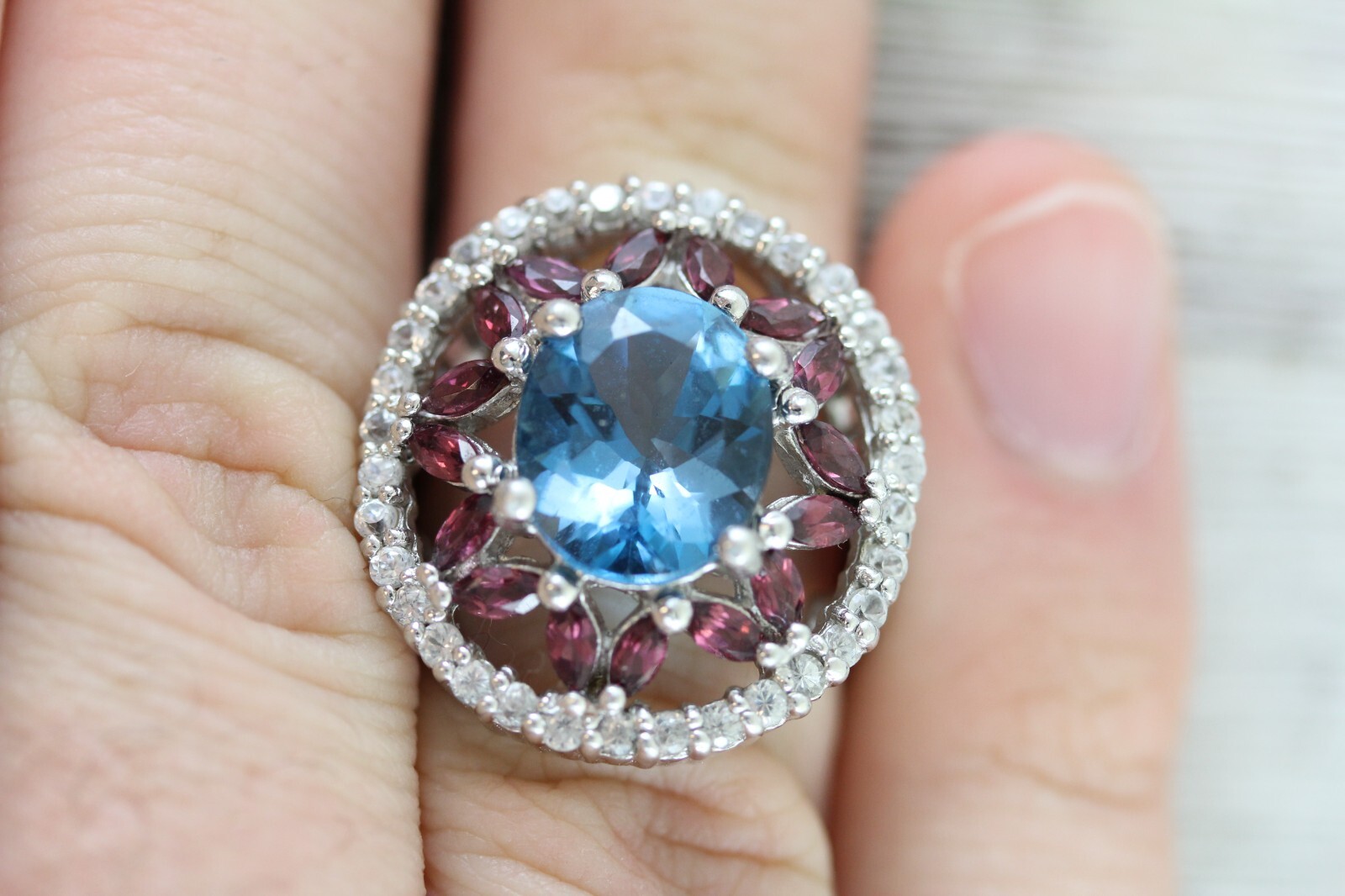 BLUE TOPAZ WHITE GARNET GEMSTONE STERLING SILVER 925 RING 7 NATURAL DESIGNER