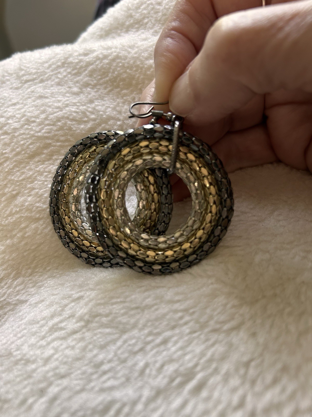 70s Metallic 3 Circle Dangle Statement Earrings- Light/Dark Silver & Gold~ 1-3/4