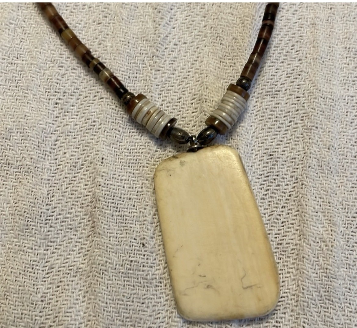 Bird On Fir Tree 1.5” Scrimshaw Necklace Vintage Heishi & Silver Tube beads 17”