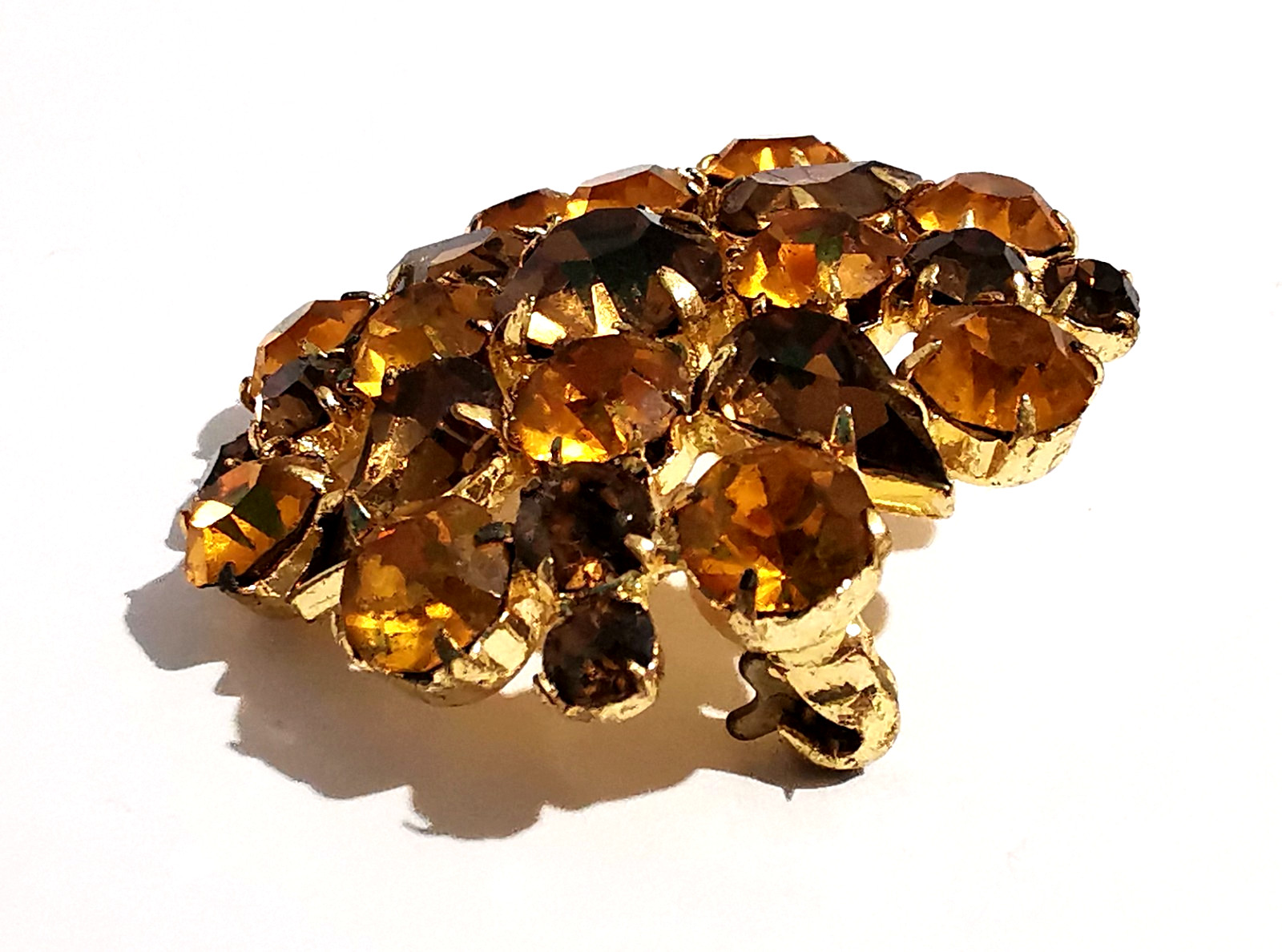 Vintage Czech Brooch Yellow and Broun Faceted Glass Gilded Metal Pin Handmade