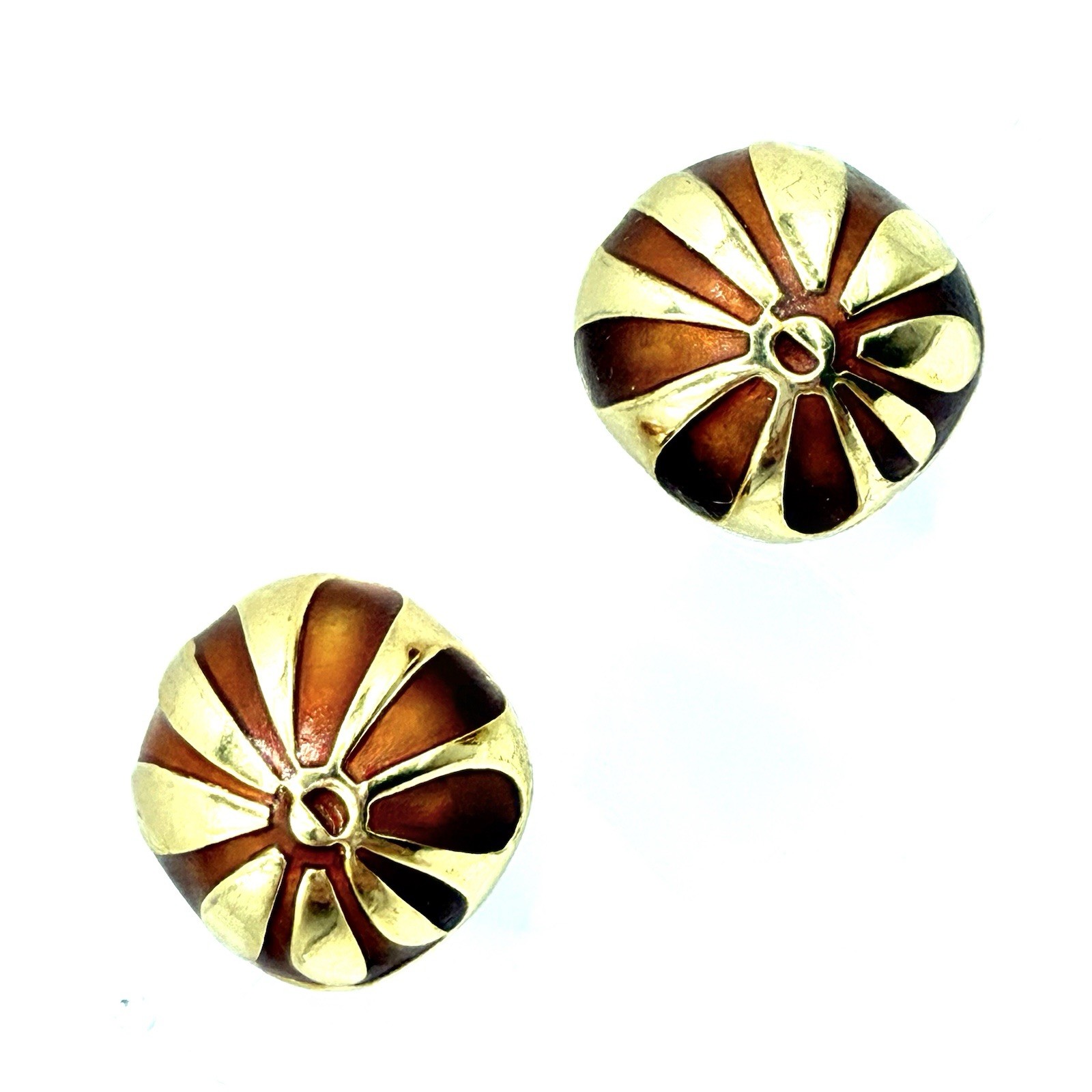 Vtg Orlena Goldtone Earrings ClipOn French Geometric Pattern Amber Enamel Rare G
