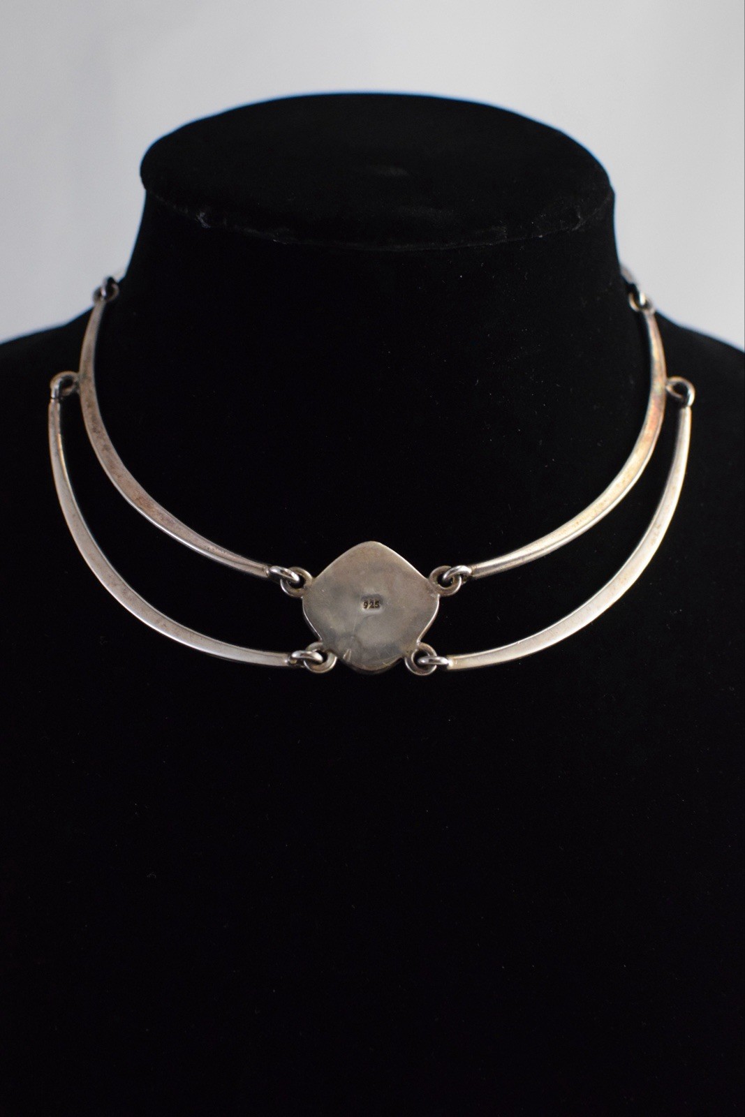 VTG Artisan Modernist MCM Green Stone Linked 925 Sterling Silver Necklace 56g
