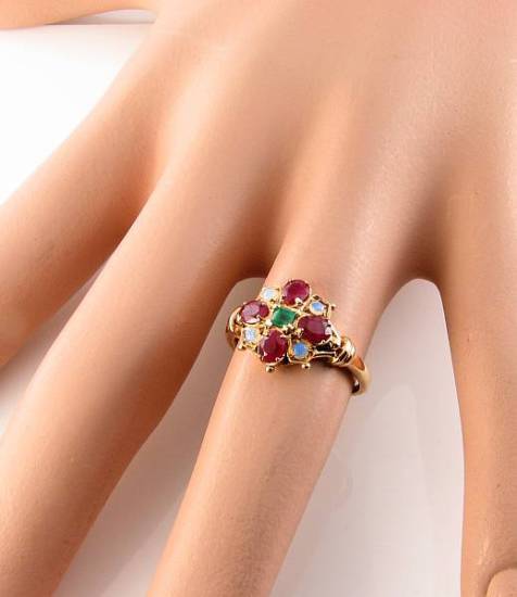 9CT 9K GOLD EMERALD RUBY OPAL CLUSTER ART DECO INS RING FREE RESIZE