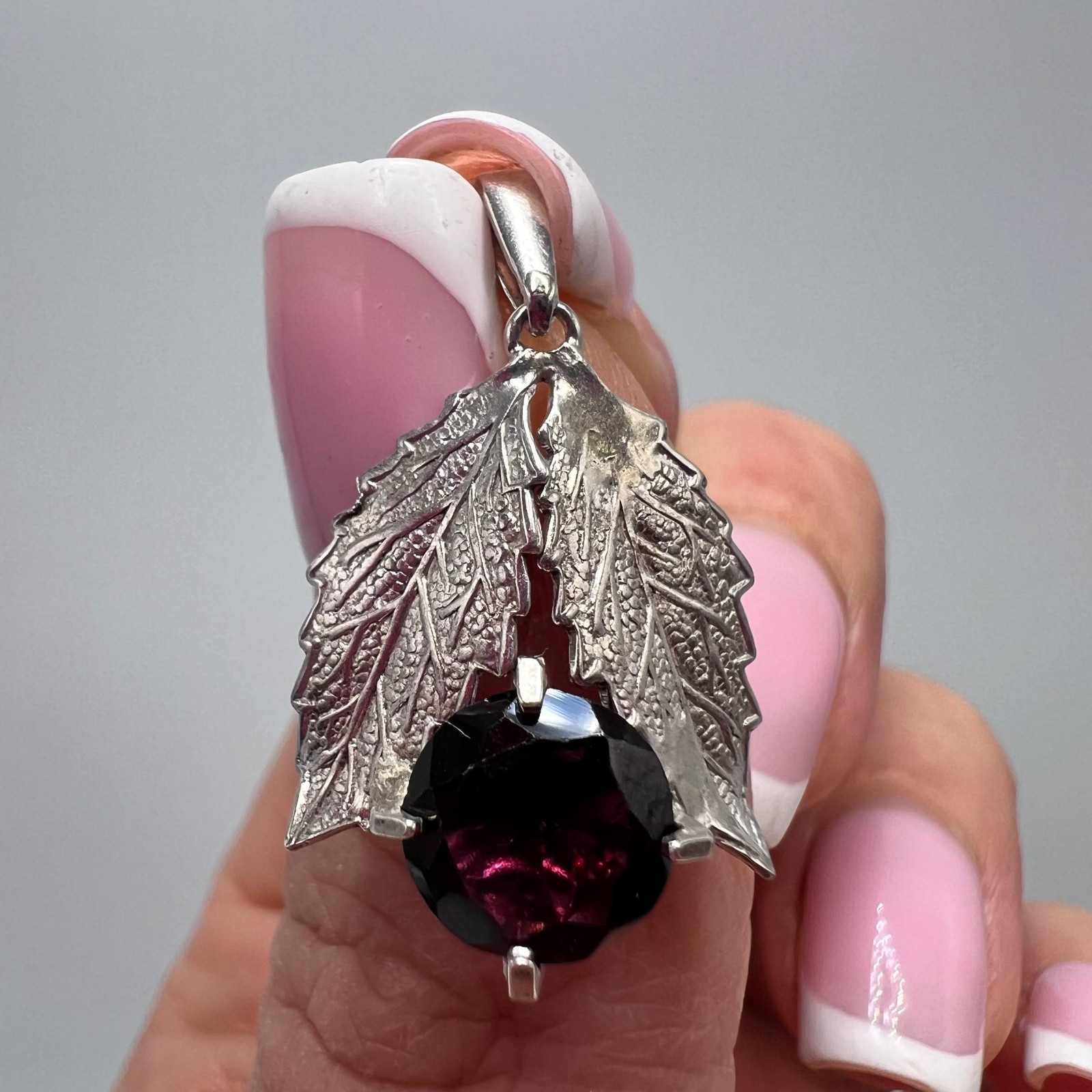 Vintage 835 Silver Leaf Pendant Red Stone | European Style | No Chain