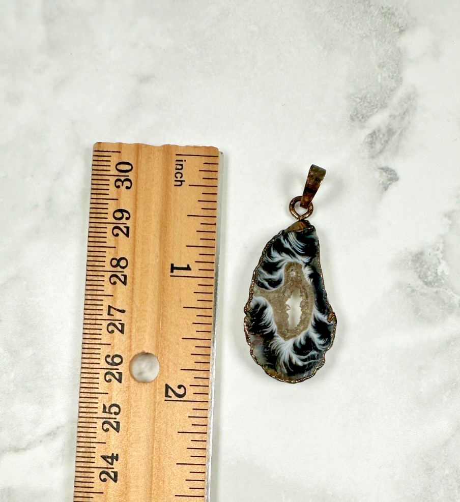 Natural Geode Druzy Pendant in Copper Ribbon Wrapping – 2″ Long