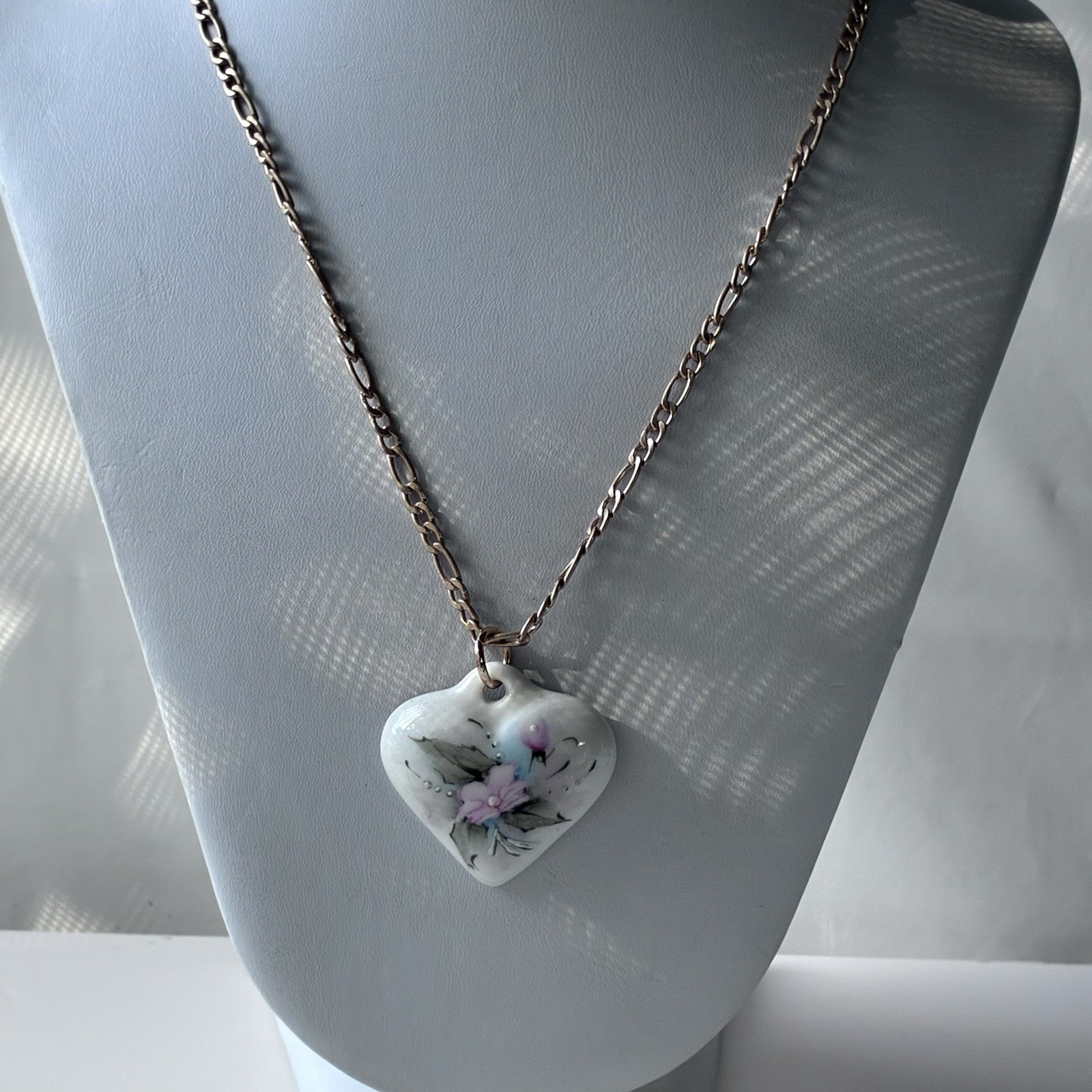 Vintage Ceramic Porcelain Heart Pendant Necklace Floral Cottage Hand Painted 80s
