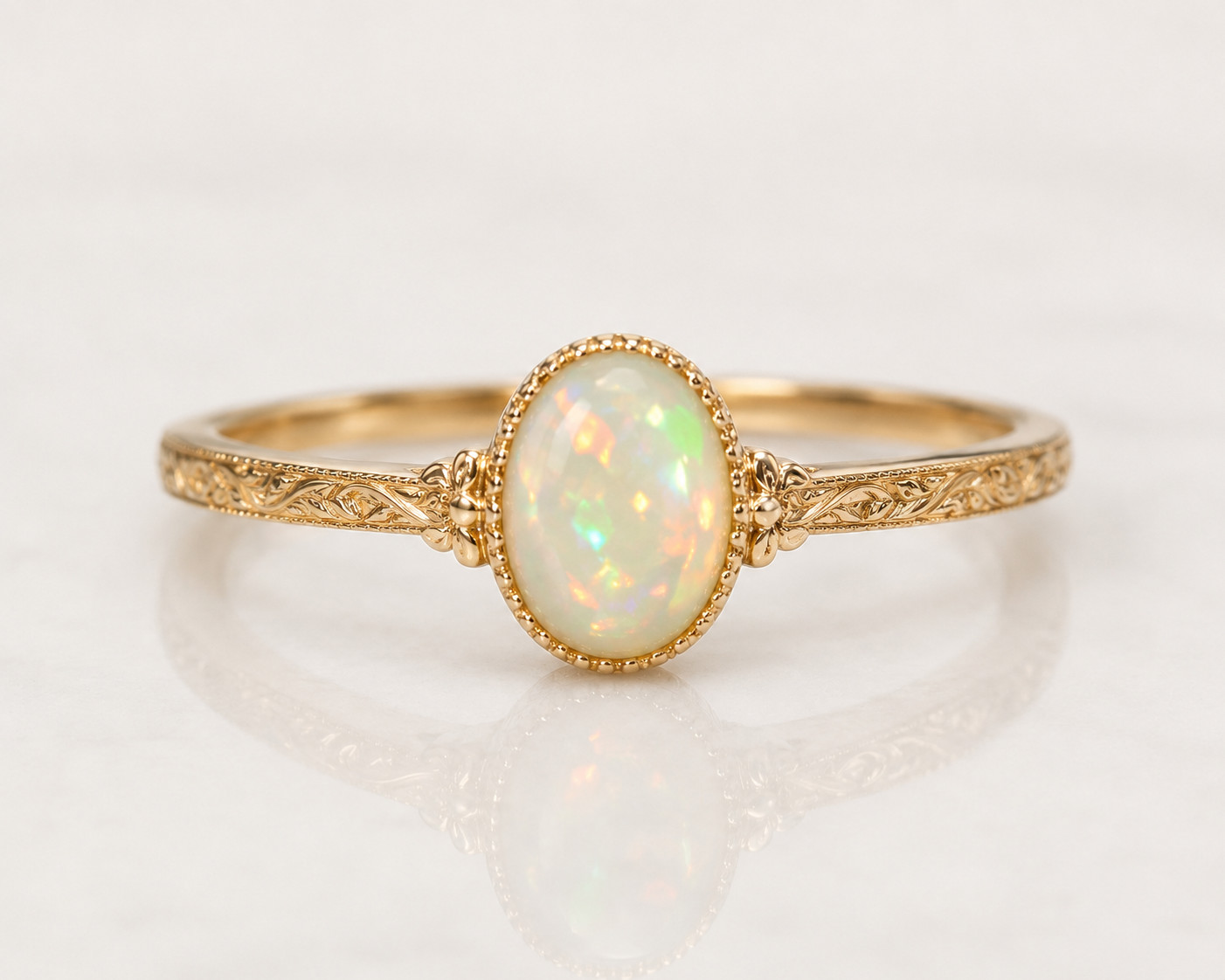 Vintage Engraved Thin Band • Ethiopian White Opal • Elegant Everyday Ring