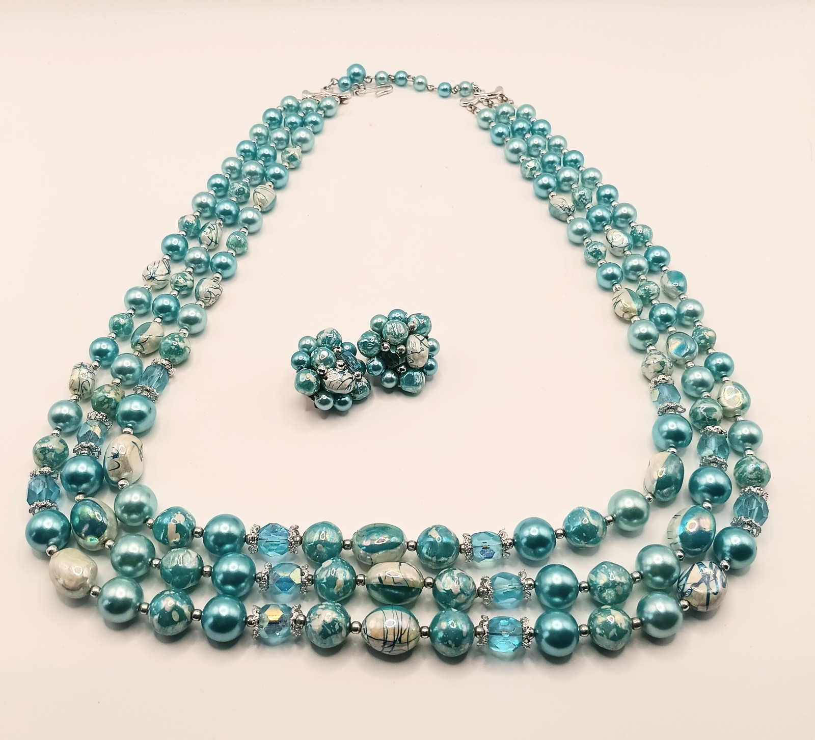 VTG Blue/AB Bead Demi Parure 3 Strand Stamped Japan Necklace And Clipon Earrings