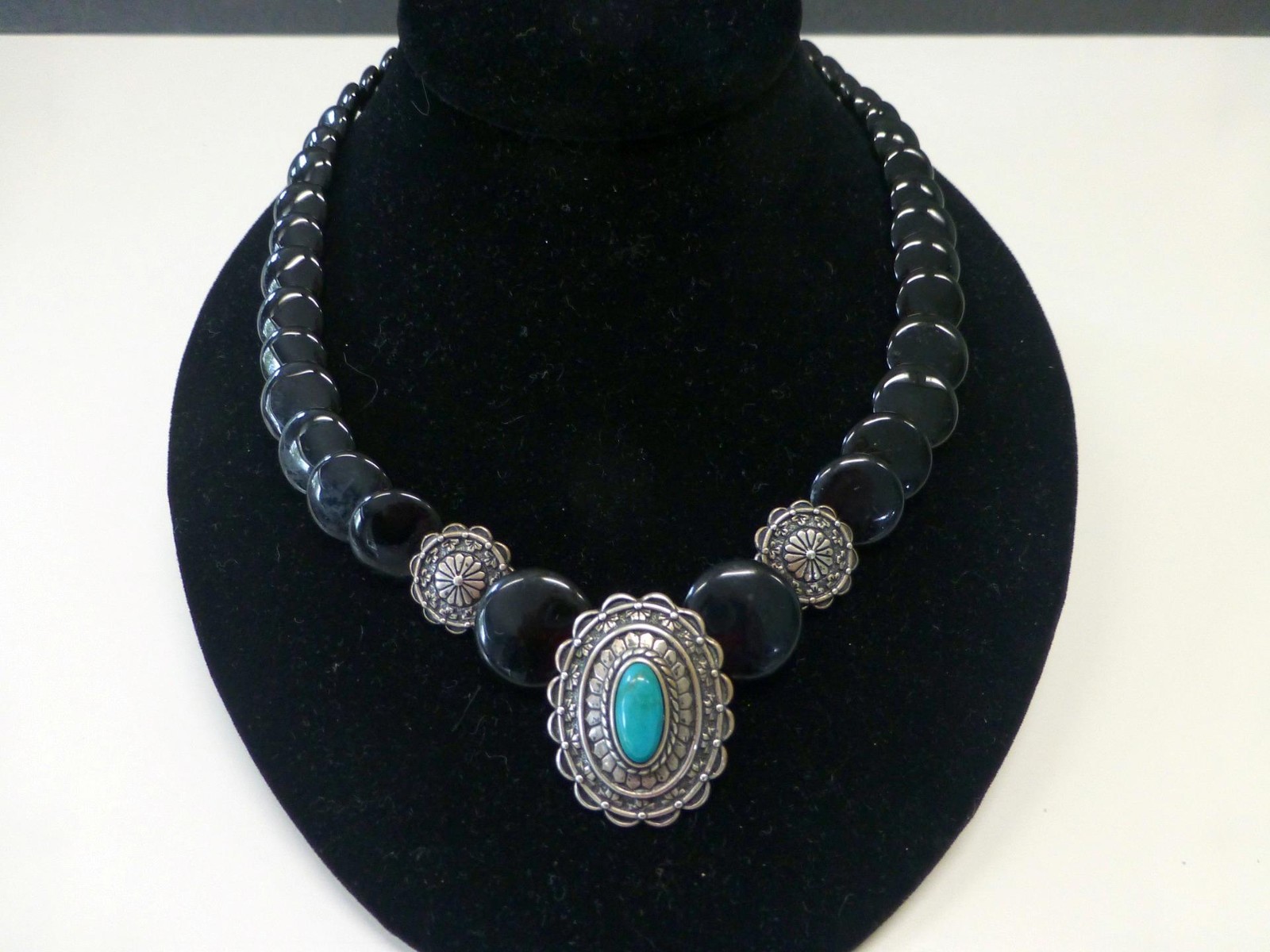 Carolyn Pollack Relios Turquoise Concho Onyx Sterling Silver Necklace Indian SW