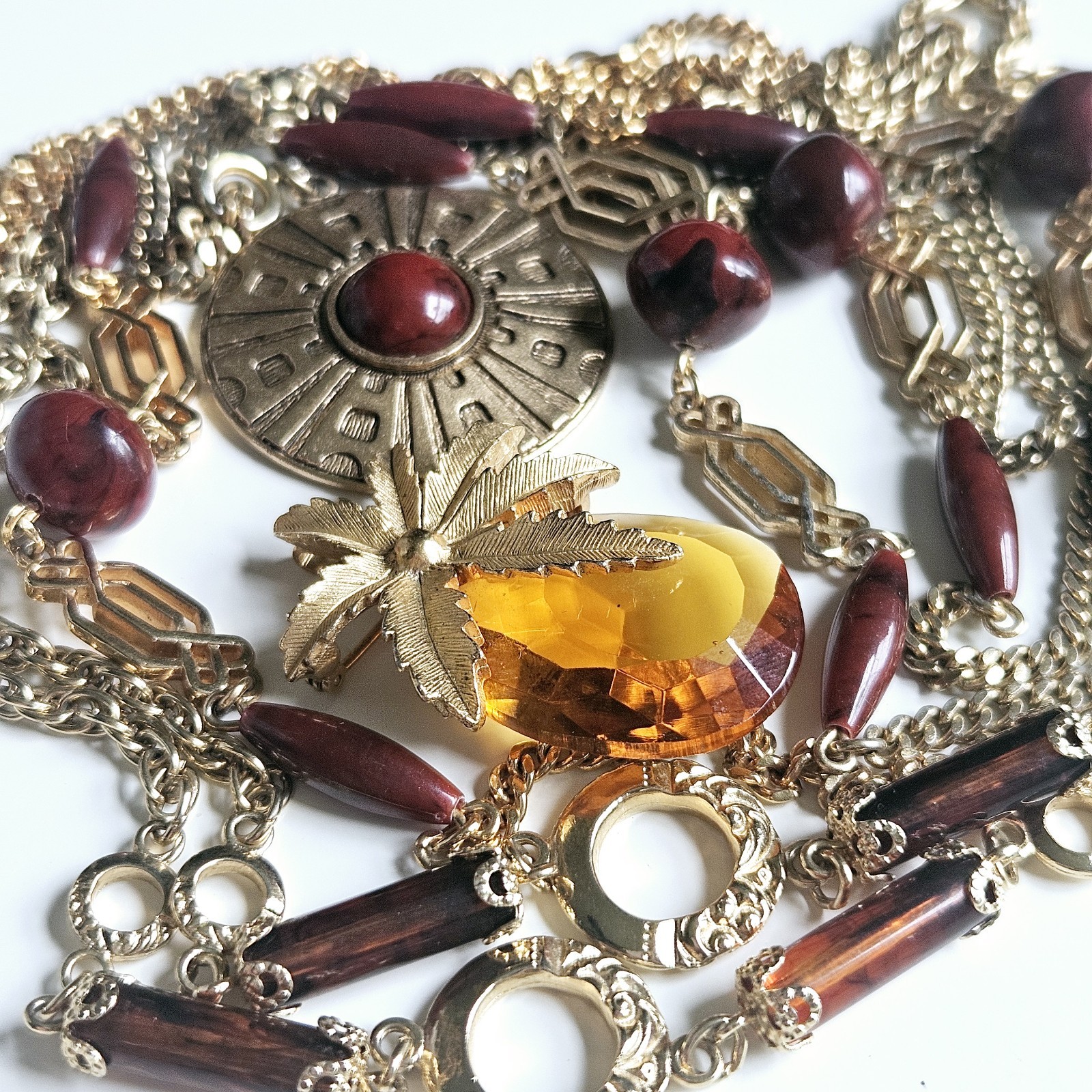 Vntg Coventry 3 Necklaces Safari Faceted Glass Brooch Pendant Brown Gold Chain