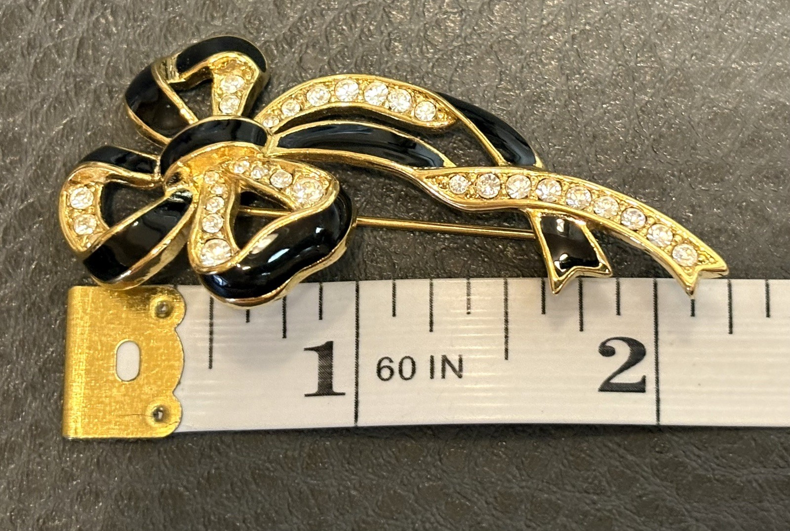 Vintage 80s Runway Gold Tone Rhinestone Black Enamel Ribbon Bow Brooch Pin