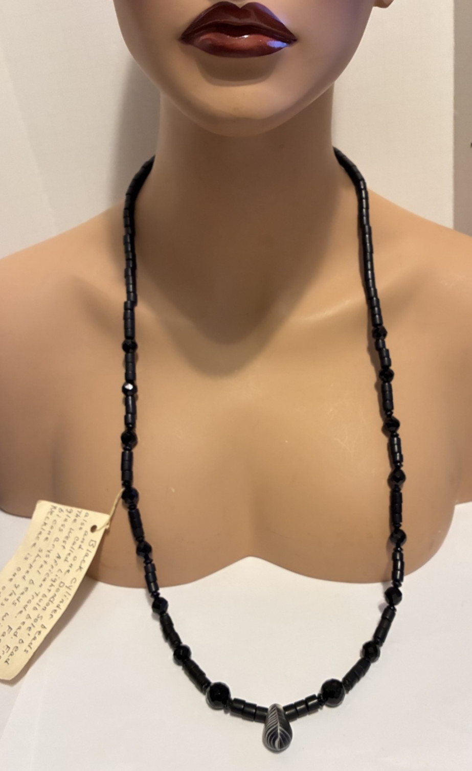 VTG Necklace 34″ Faceted Black Crystal Beads and W. African Trade Dondon Sole