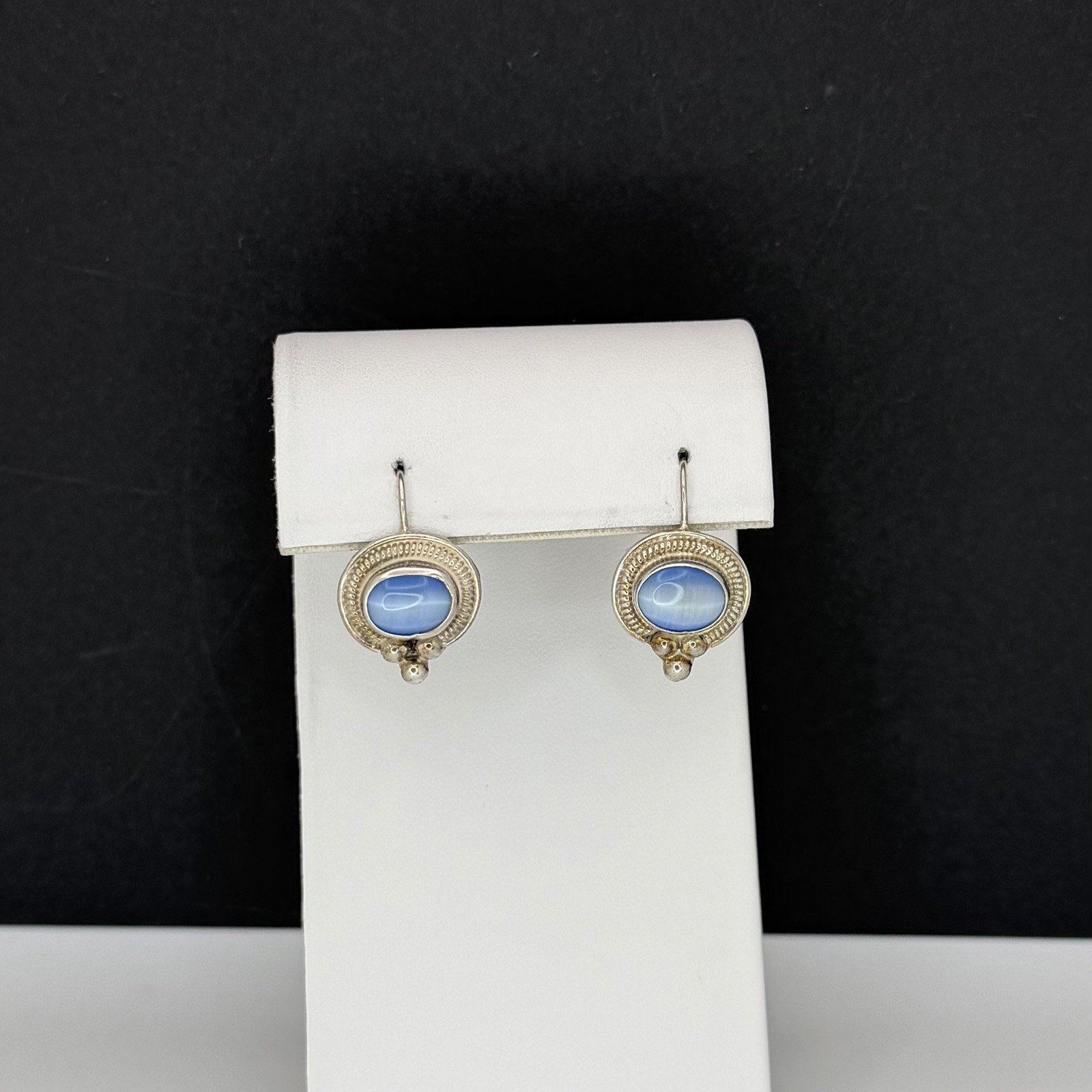 ATI Mexico 925 Sterling Silver Blue Cats Eye Drop Earrings Fish Hook Vintage