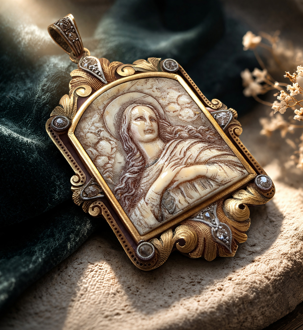 Antique 18K Gold Virgin Mary Pendant w/ 11 Diamonds Victorian Religious Rare XIX