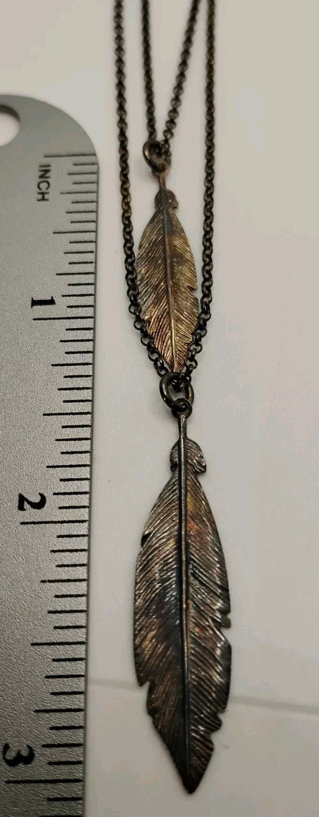 Rolo Link Feather Pendant Double Strand Necklace 16 &20″ Sterling Silver 17-21″