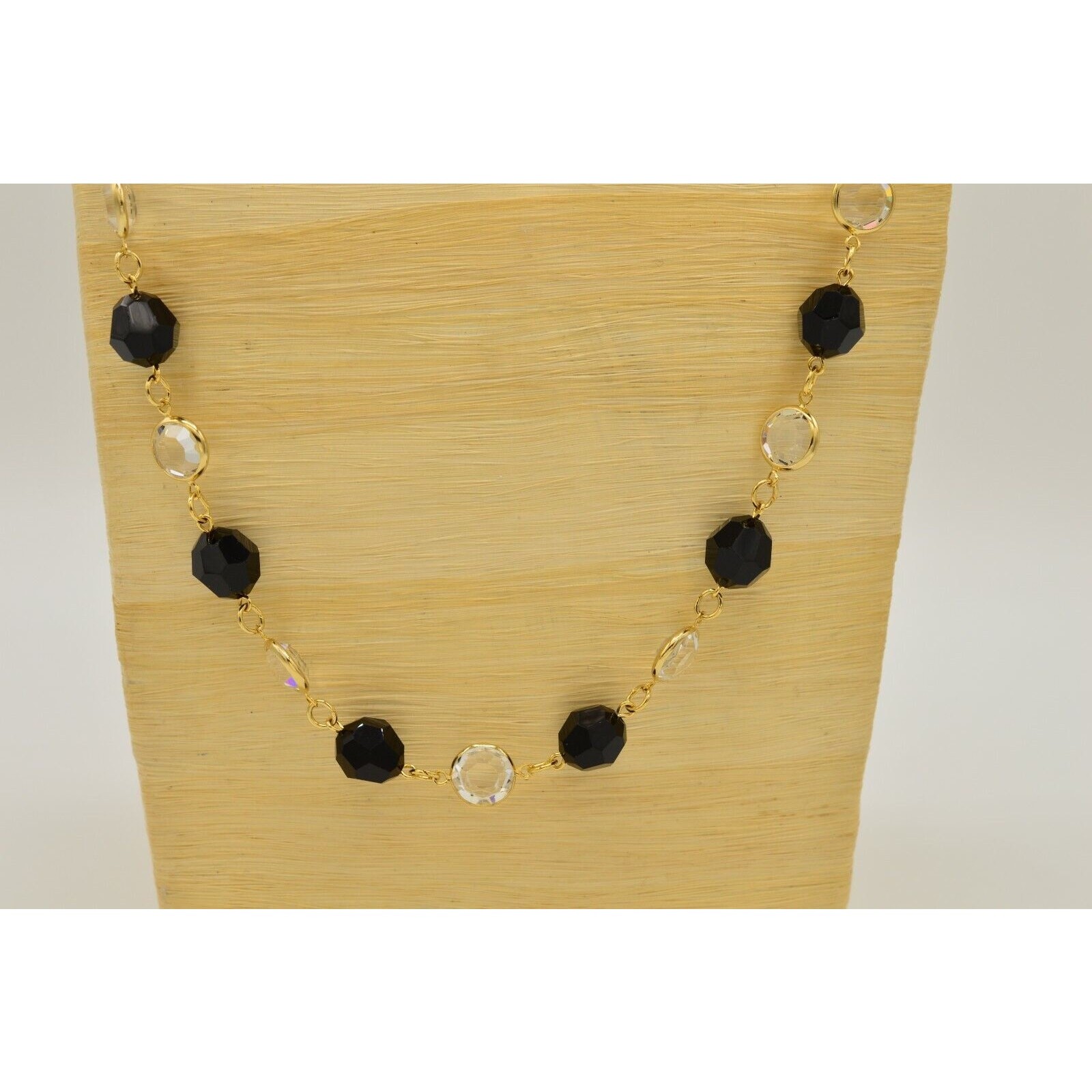 Austrian Crystal USA Vintage Necklace Open Bezel Clear Black Gold Signed 80s 9J