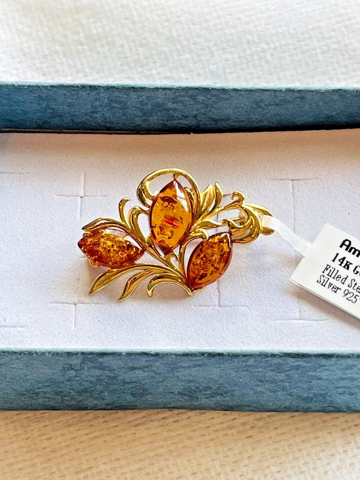 Genuine 14K Gold Filled Gilded Baltic Honey Cognac Amber Color Pin Brooch 925*