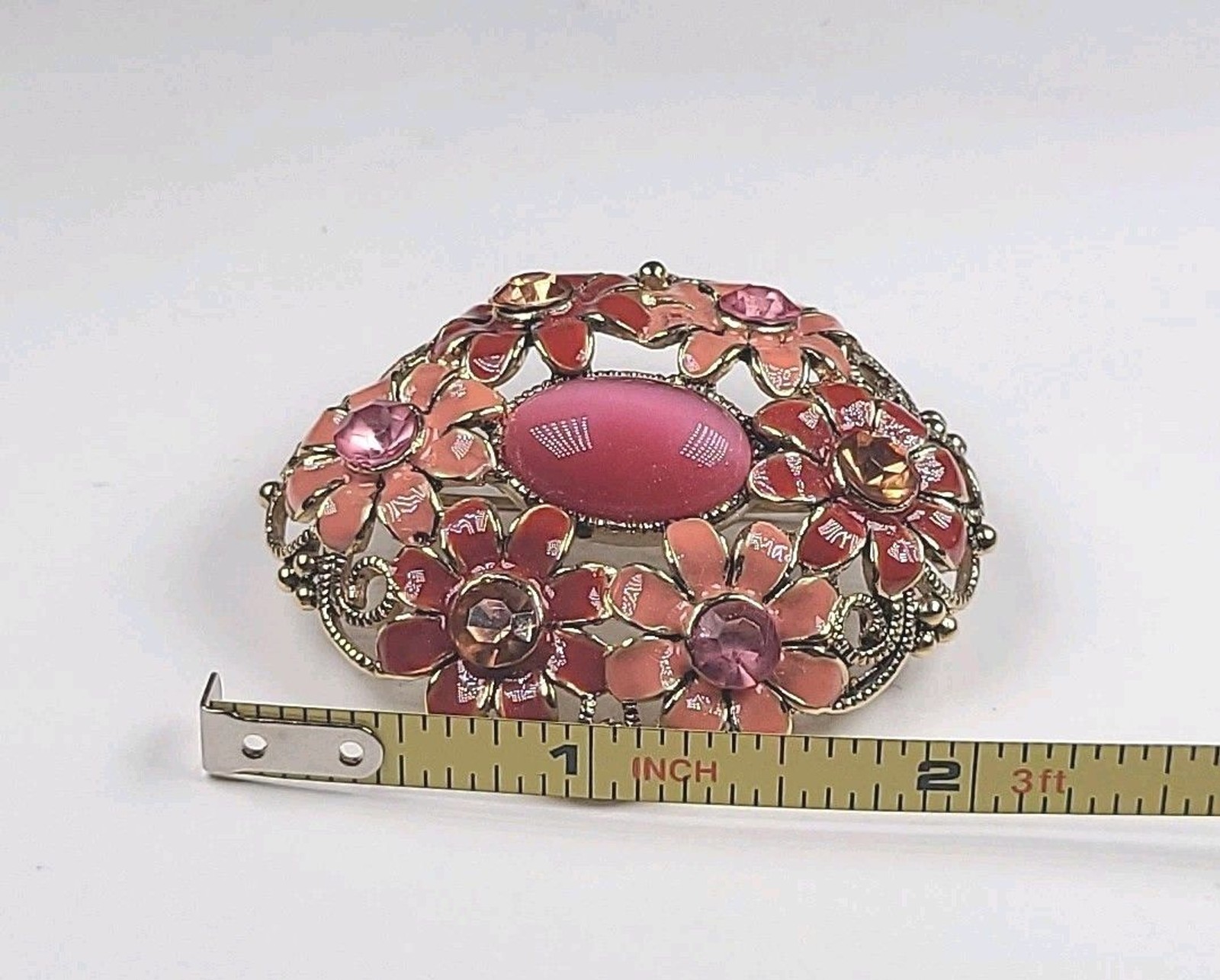 Vtg. Retro Oval Domed Enamel Rine Stone Moon Glow Cabochon brooch