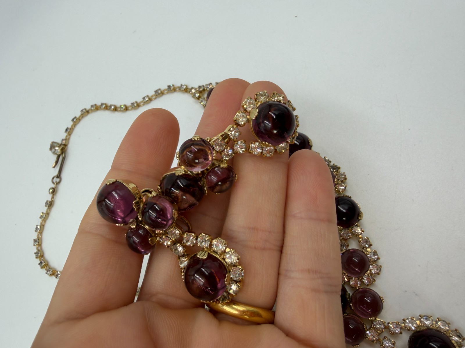 Vintage Necklace Purple Glass Cabochon Clip On Earrings Estate Lot Matching PJ