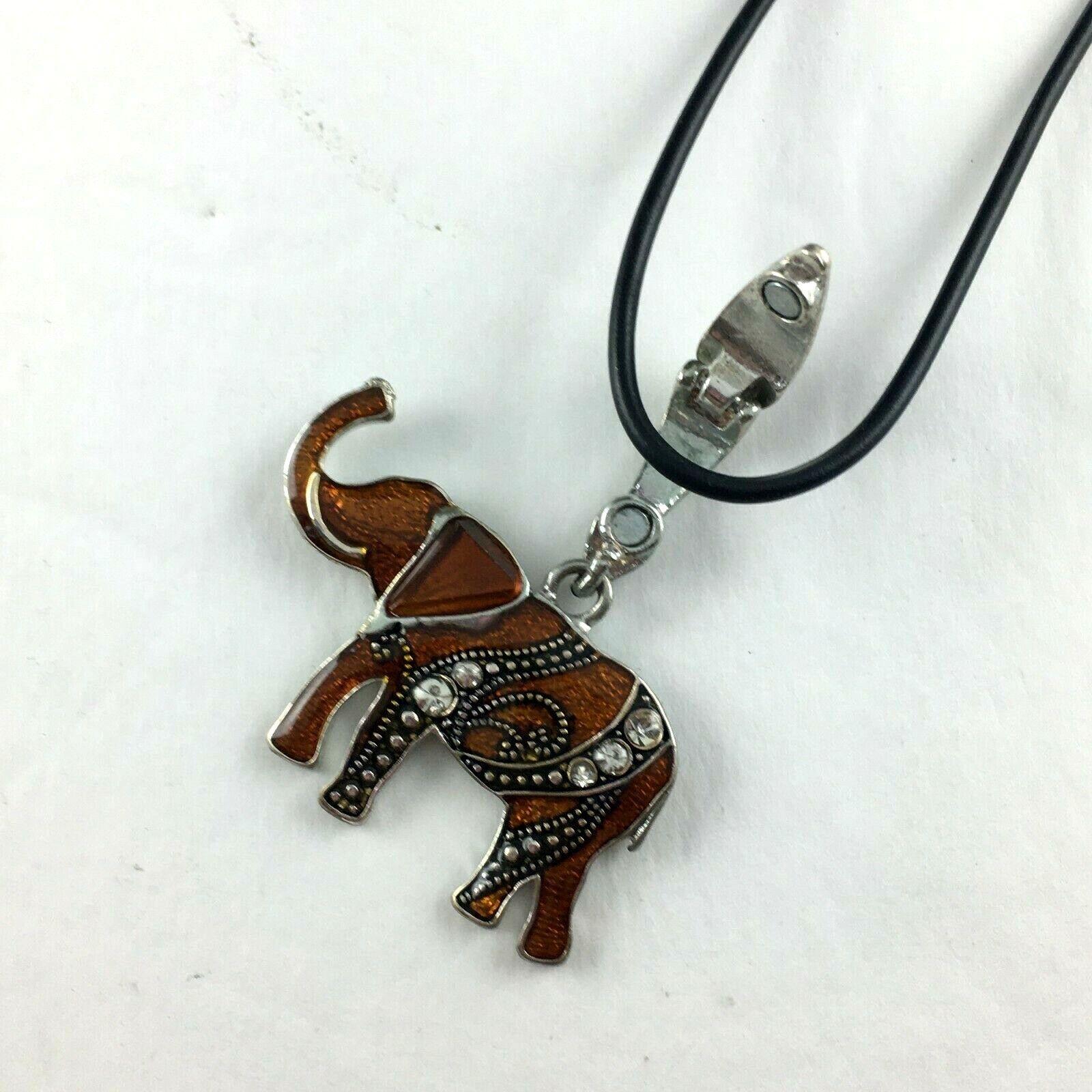 Elephant Enamel Silvertone Rhinestones Lobster Clasp Slide Black Cord Necklace