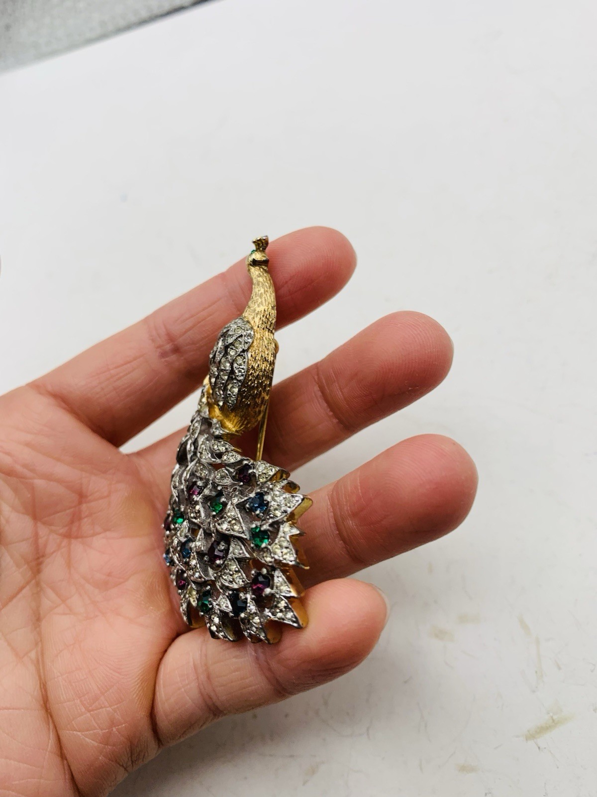 Vintage Signed Panetta Peacock Bird Crystal Gold Tone Blue Purple Green Brooch
