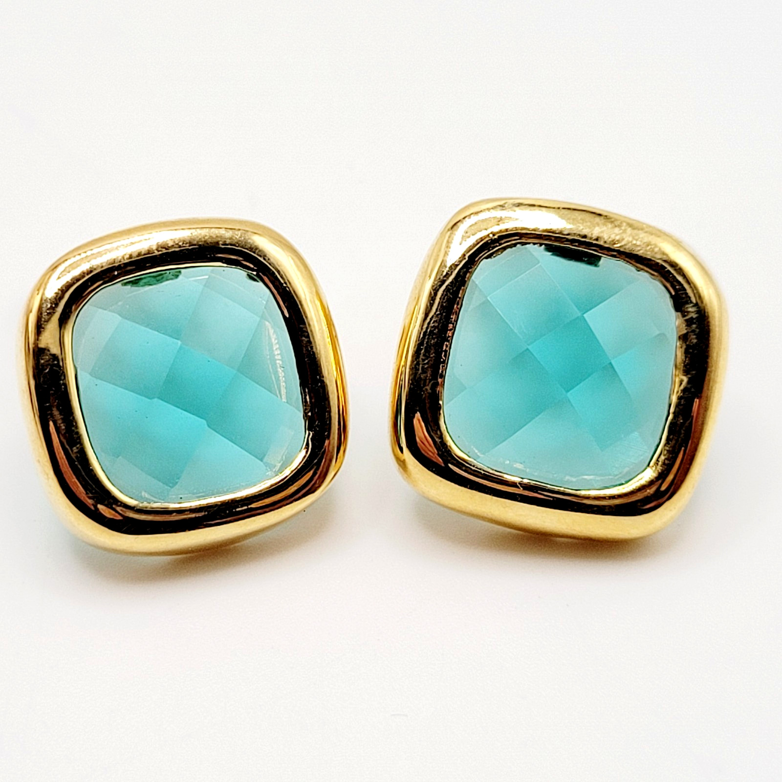 Aqua Light Blue Green Faceted Glass Soft Square Gold Tone Bezel Clip On Earrings