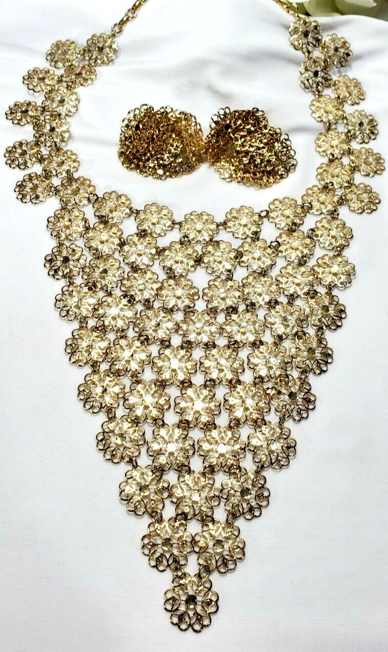 Vintage Gold Vendome Bib Chain Necklace and Earring Set