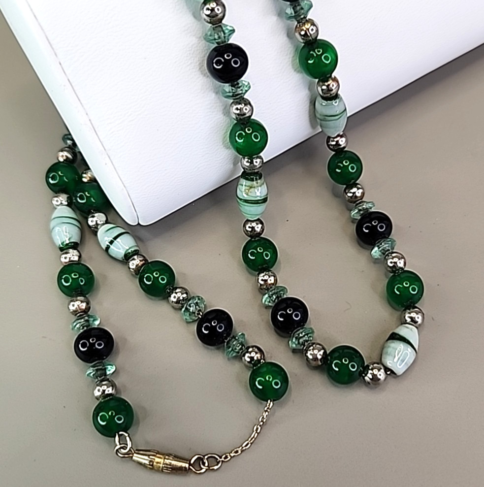 Vintage Glass Necklace Green Striped 24″