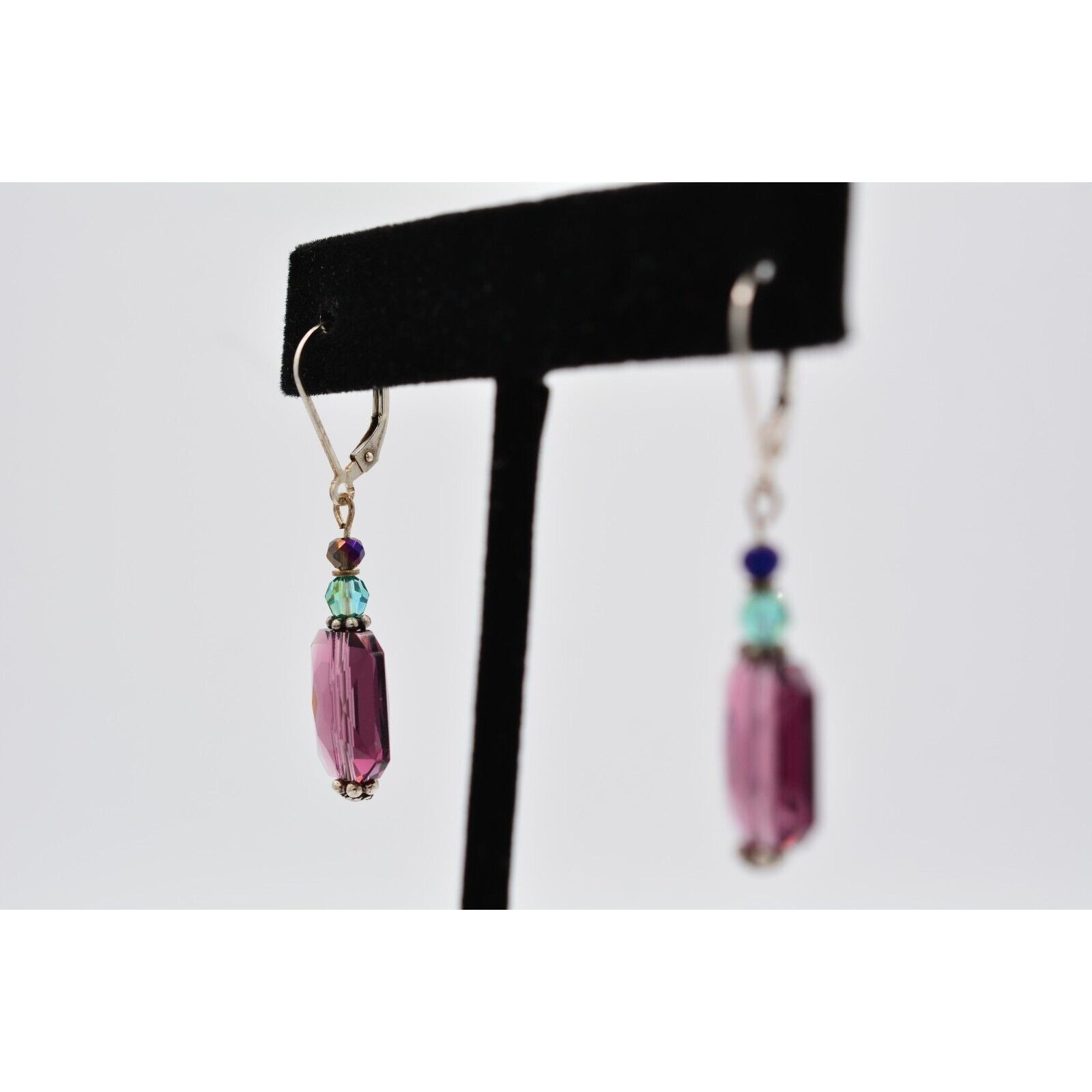 Vintage Crystal Dangle Earrings 925 Sterling Silver Purple Blue Beaded 1980s 9I