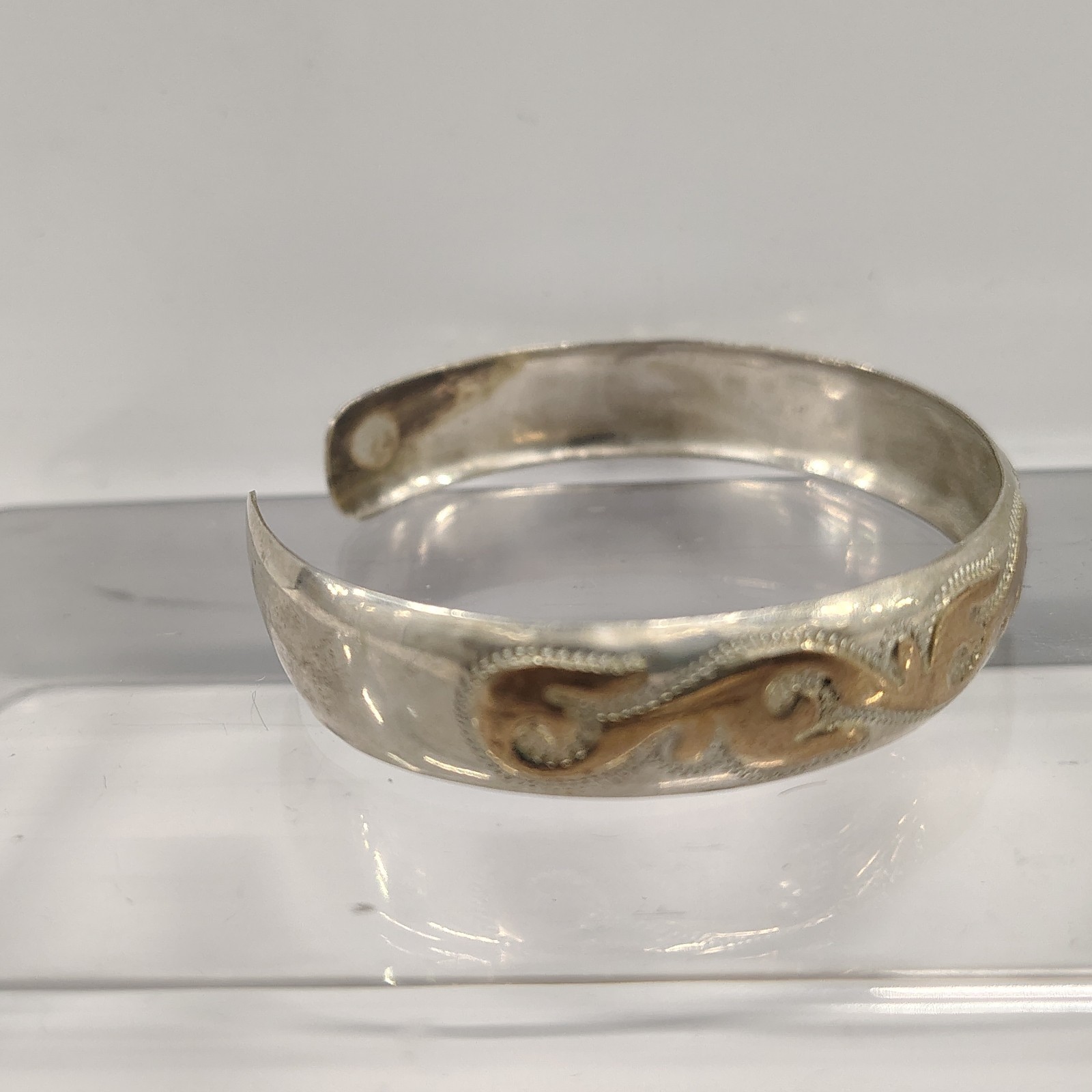 Vintage 925 Sterling Silver Gold Tone Scroll Wave Cuff Bracelet Textured 12.09g