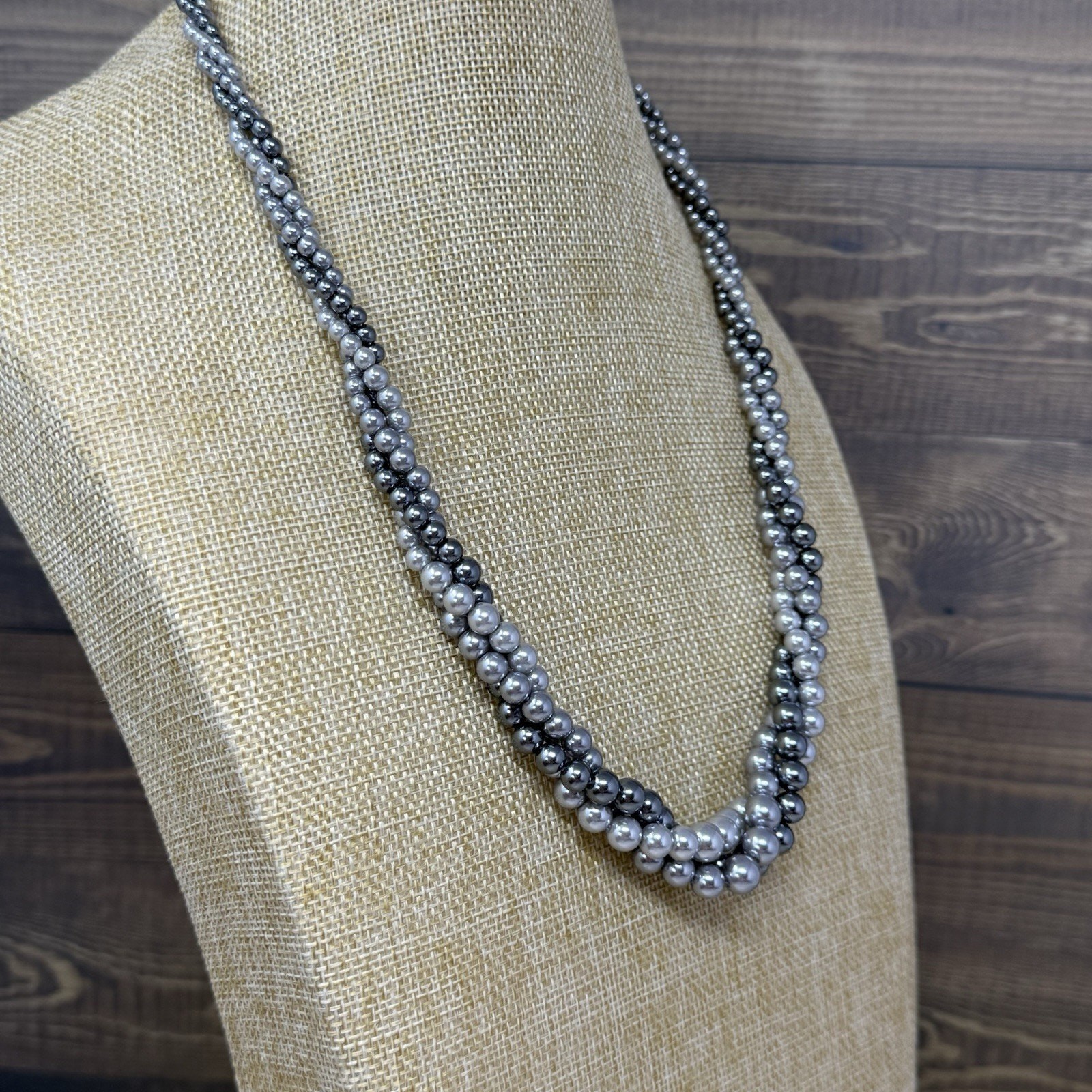 3 Strand Twisted Faux Gray Graduated Pearl Bead Necklace and Earring Set