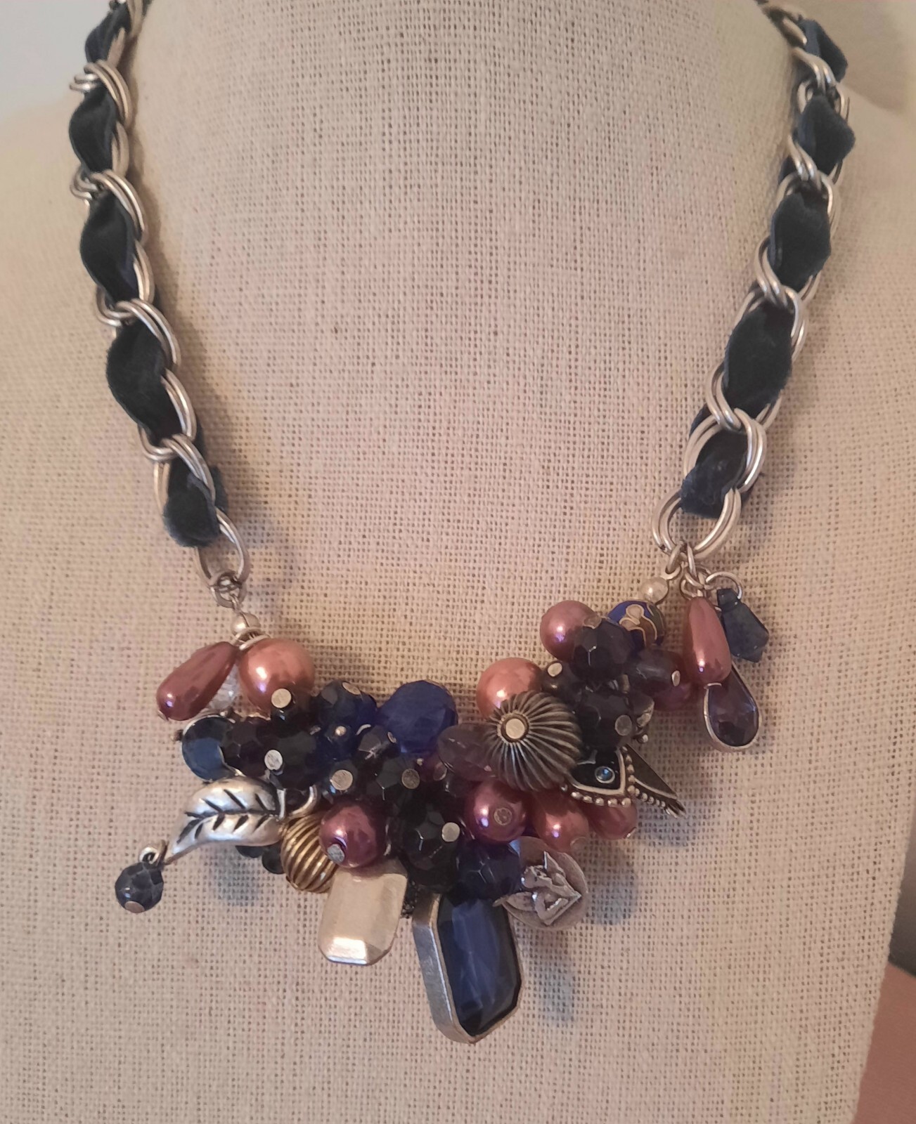 BLUE AND PURPLE RIBBON CHAIN CLUSTER CHARM NECKLACE*HEART*ANGEL*LOCKET*BEADS