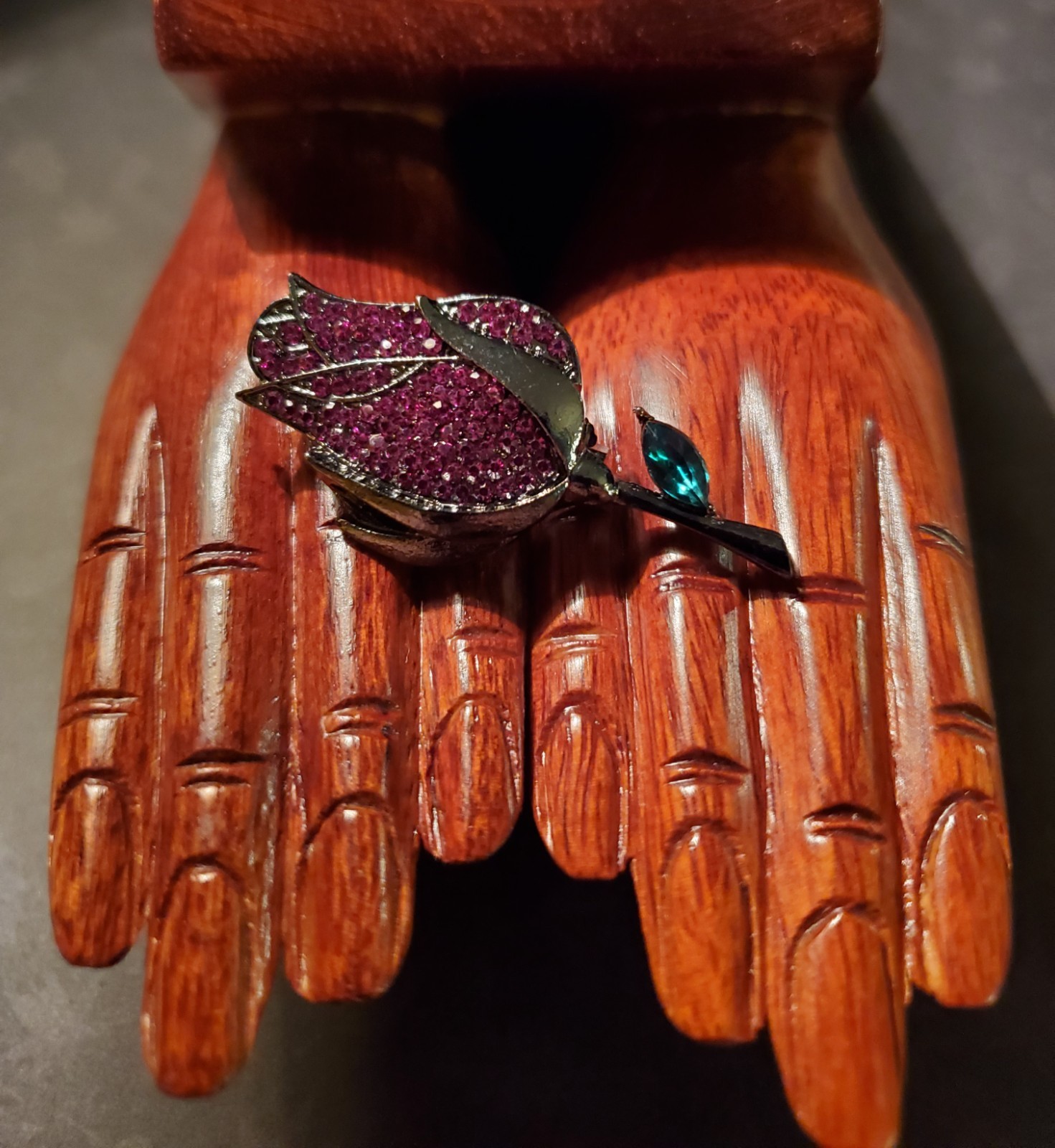 Gunmetal Rose Brooch Pink Rhinestones Teal Accent Gothic Romantic Dark Magic