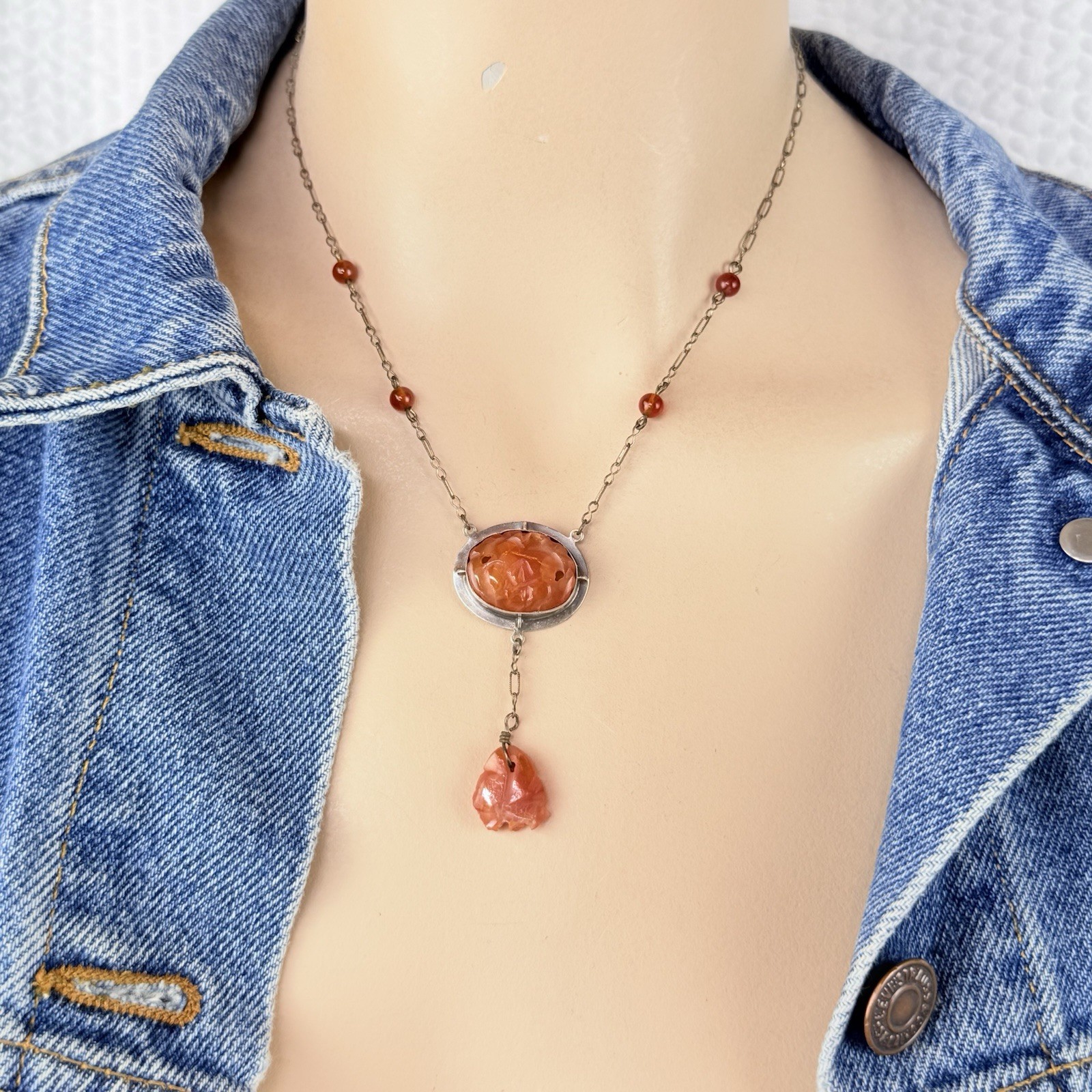 Antique Vintage Carved Carnelian Silver Pendant Necklace Art Deco